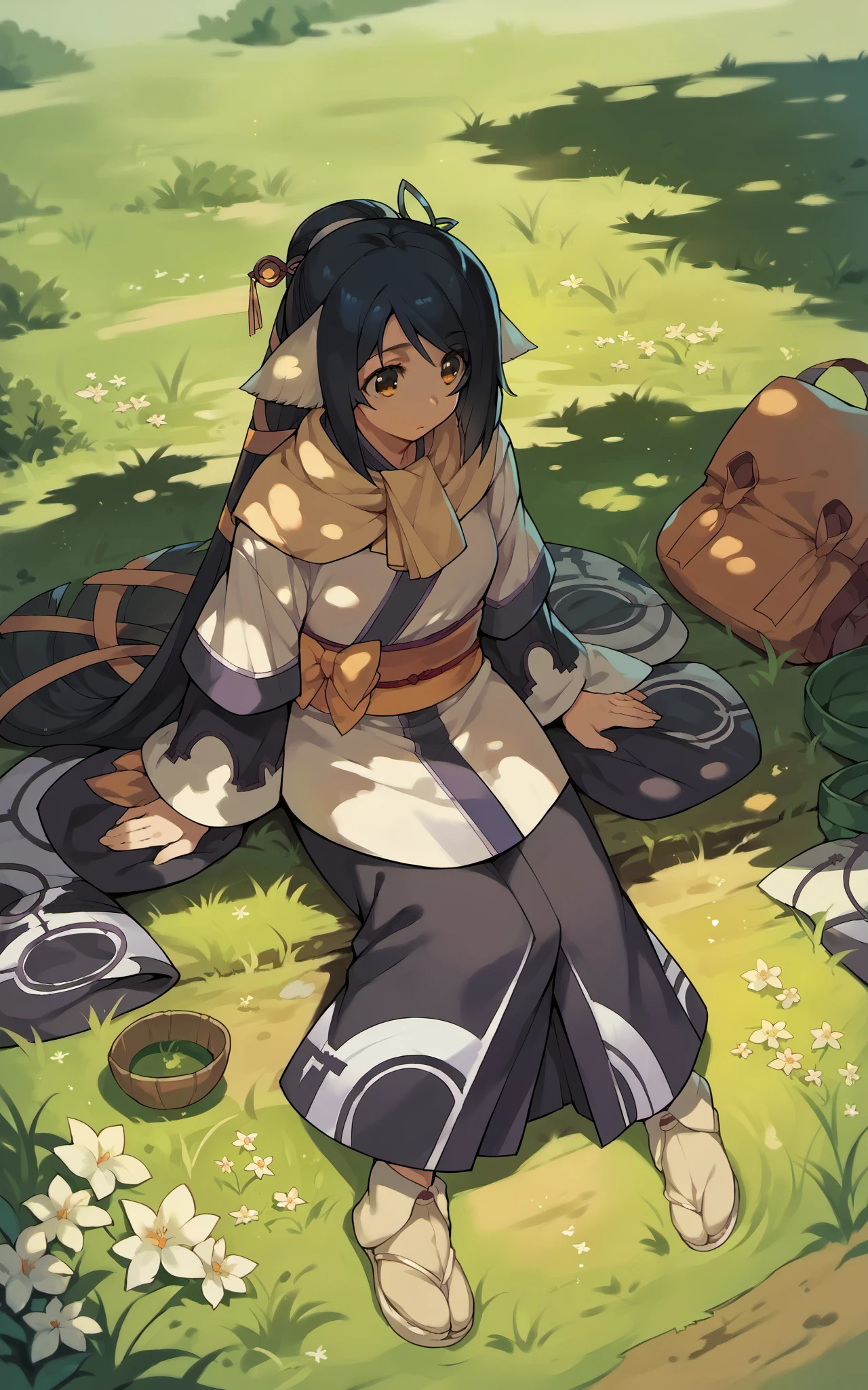 score_9,score_8_up,score_7_up,score_6_up,score_5_up,score_4_up,(source_anime),1girl,<lora:kuon_pony:1>,kuon \(utawarerumono\),utawarerumono: itsuwari no kamen,kimono,long hair,japanese clothes,sitting, on grass