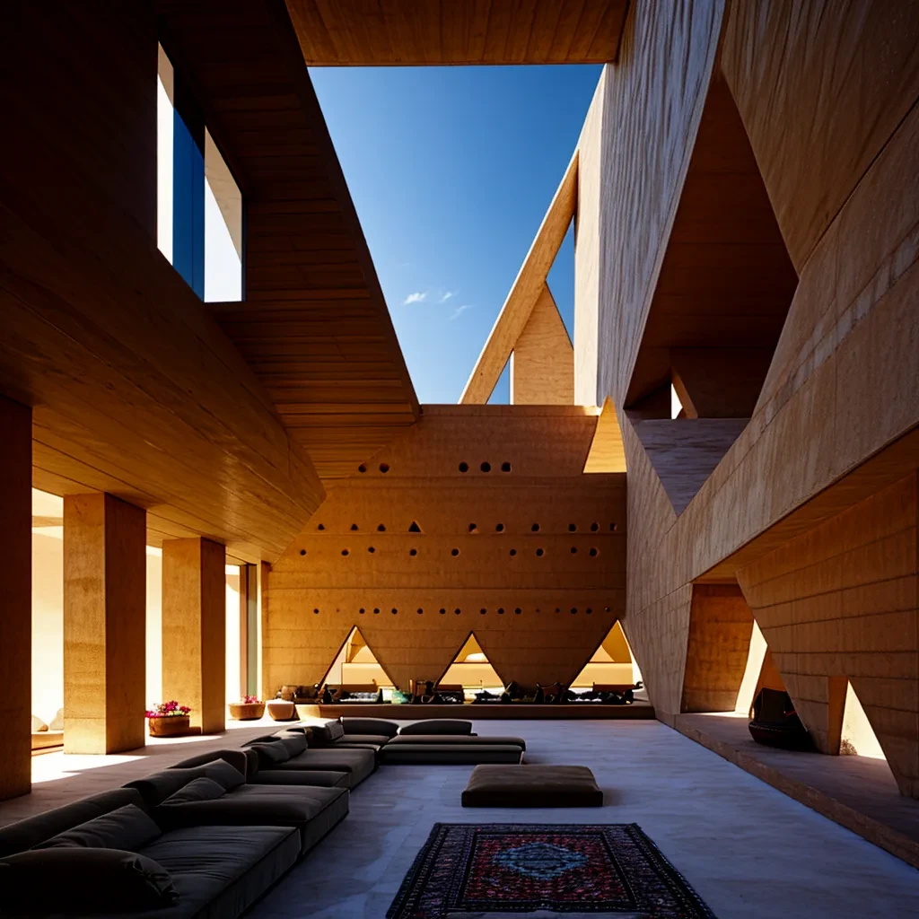 interior, angular architecture, adobe architecture, triangle (perforated holes:1.3), dynamic angles, geometric facade, triangular motifs, sandy texture, <lora:AIDVN_TriangularAbode_v1:1>