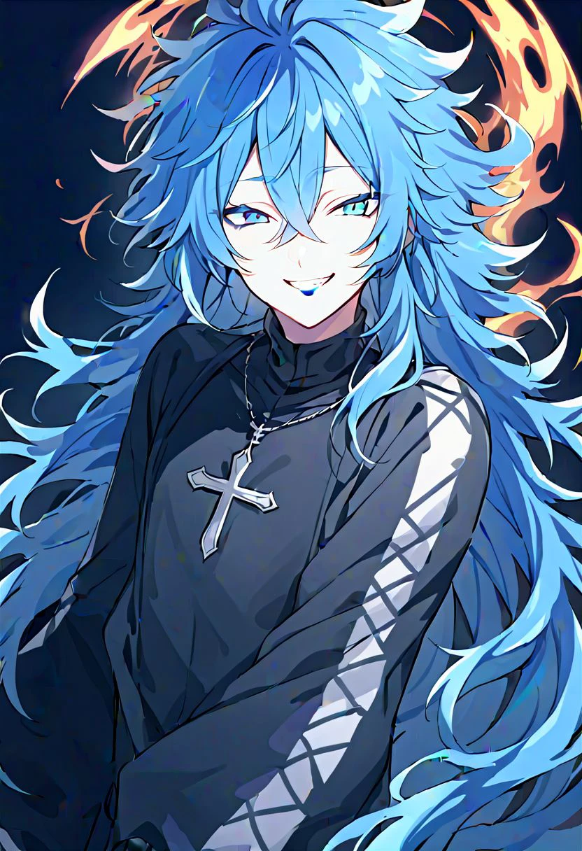 twst_idia, blue hair, fiery hair, messy hair, male focus, nun outfit, cross, fire, grin,