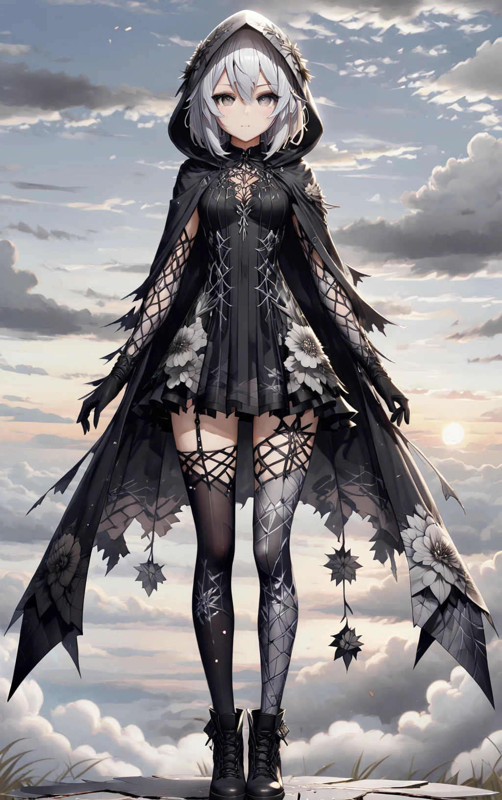 ShatteredCloth,1girl,solo,breasts,looking at viewer,short hair,bangs,hair ornament,gloves,dress,hair between eyes,closed mouth,standing,full body,flower,white hair,pantyhose,boots,outdoors,sky,black gloves,cloud,hood,black footwear,grey eyes,expressionless,cloudy sky,cloak,hood up,arms at sides,hooded cloak,black flower,shattered effect on pantyhose,
, <lora:add-detail-xl:0.8> <lora:ShatteredCloth:0.6>