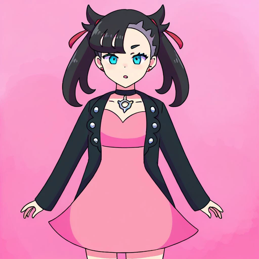 1girl, solo, marnie, black hair, blue eyes, twintails, choker, pink dress, black jacket