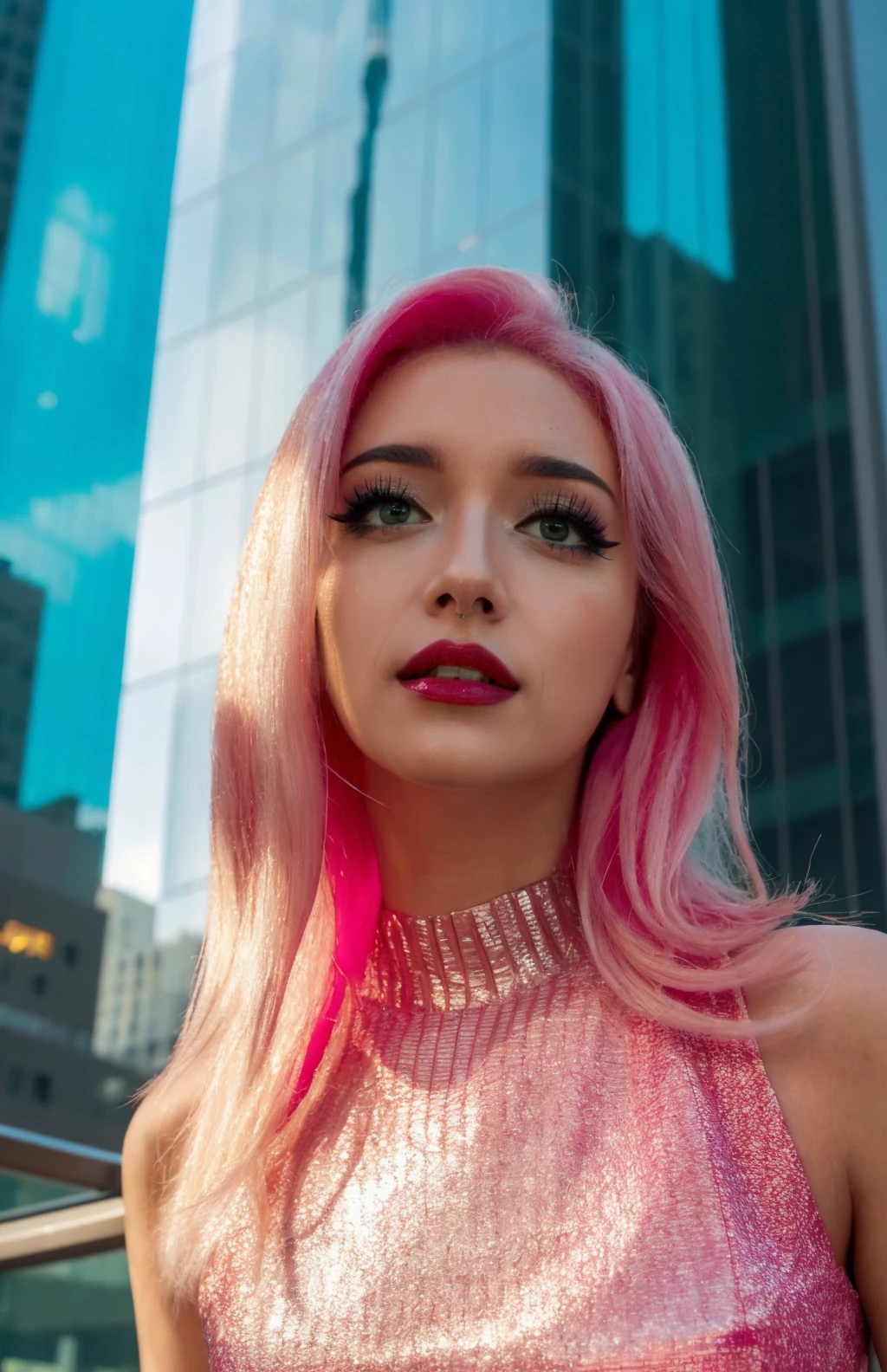 (1girl),pink lipstick,4k, 8k, ultra highres, raw photo in hdr, sharp focus, intricate texture,realistic, detailed facial features, highly detailed face, ((detailed)), (Astounding), Architecture, Glass skyscrapper,tall building,night,standing,cyberpunk outfit,cyberpunk, Neon light, Electrifying light, Vibrant glow, Neon illumination, Sharpness throughout, Balanced depth of field,detailed background,<lora:Misty1:0.7> Misty