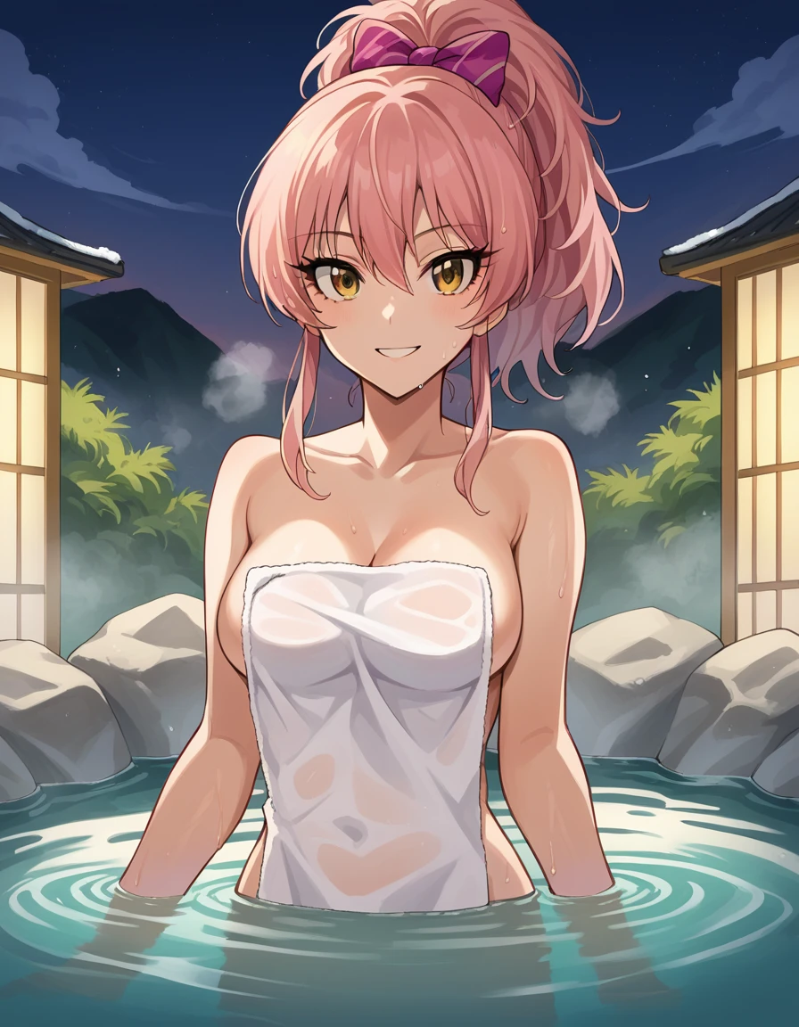 score_9, score_8_up, score_7_up, source_anime,
mikajougasaki, <lora:mika-jougasaki-ponyxl-lora-nochekaiser:1>
mika jougasaki, hair bow, long hair, pink hair, yellow eyes, ponytail, smile,
nude, naked, 
outdoors, onsen, towel, naked towel, steam, bathing, nude cover, partially submerged, water, bath, steam censor, wet towel,
looking at viewer, dutch angle, cowboy shot,