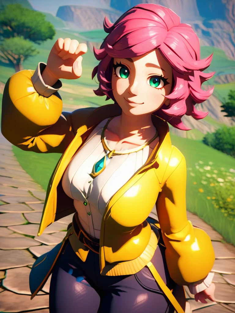 score_9, score_8_up, score_7_up, score_6_up, tomboy girl lifting her shirt, from side, (pink short hair, green eyes, wavy hair, very happy), (red short, white shirt, big yellow jacket:1), green pendant, leaning forward, cute pose, big breasts, narrow waist, wide hips, thick thighs, smile, looking at viewer, cute, detailed landscape, cowboy shot, 4k, masterpiece, dynamic pose, BotWYei, 3d,
 <lora:ZeldaBotW_Style-10:1>