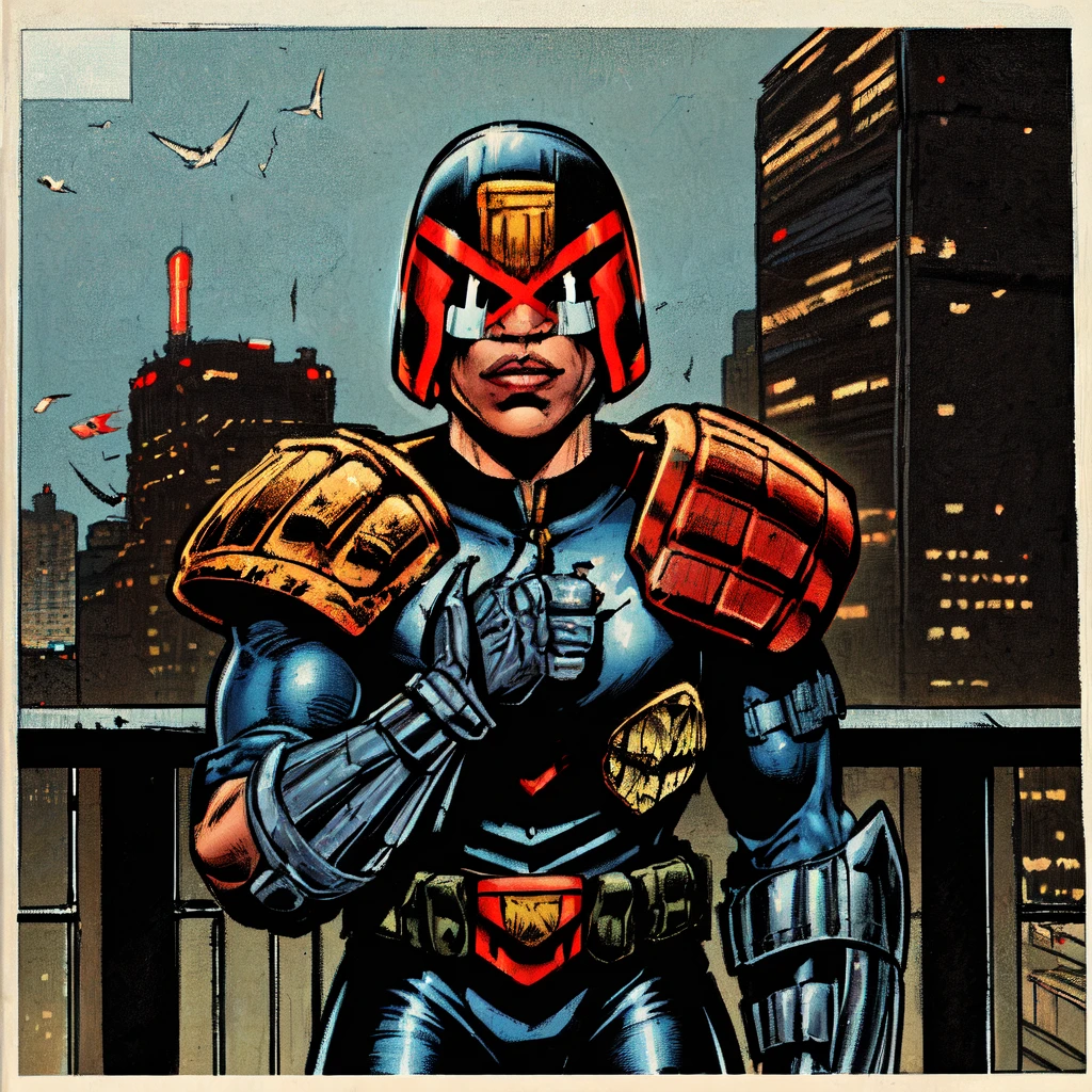 1girl, helmet, armor, uniform, city, skyline, single frame, hand drawn, hand inked, jdgdrddcom,