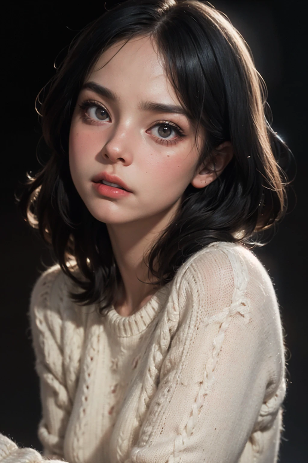 digital painting, pale skin,highly detailed face,black hair, seducing facial expression,wearing a cozy sweater, 1950s,dark background,warm colors, RAW candid cinema,16mm,color graded portra 400 film,remarkable color,ultra realistic, captured on a (Nikon D850)defiant facial expression