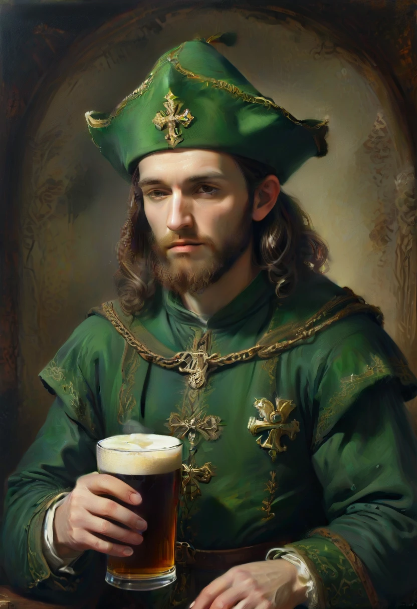 Patron saint of Ireland. Wearing green, saint patrick. Painting, portrait, 16th century . Drinking a pint