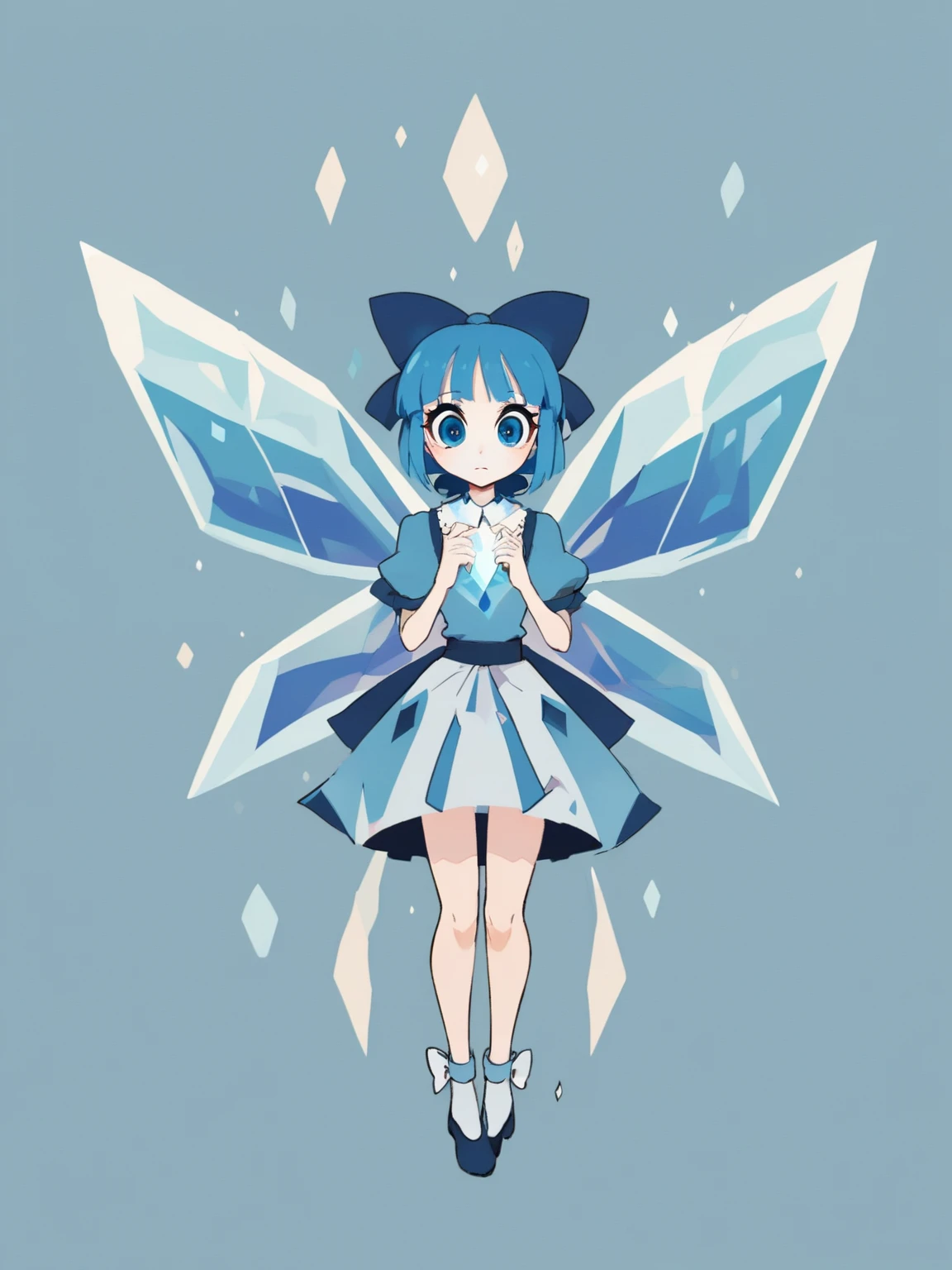 min01style, cirno, blue hair, [[:glowing:0.5]::0.8] crystal [wings::0.4], blue hair bow, blue eyes, [:big eyes:0.4], [score_7_up::0.5], medium skirt,
 <lora:Minimalist_styleXL:0.4@0,0.85@0.3,1@0.4,1.1@0.65,0.75@0.75>