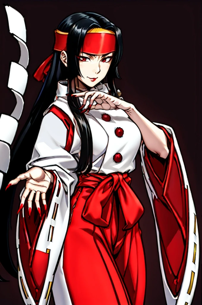 (cowboy shot:1.4), smug,
mizuki, 1girl, white japanese clothes, solo, mature, miko, Dark Red eyes, (headband:1.2), red lip, makeup, very long hair, black hair, red hakama, wide sleeves, very Long red Nails, parted bangs,
masterpiece,high quality,ultra high definition,
<lora:last-000013:1>