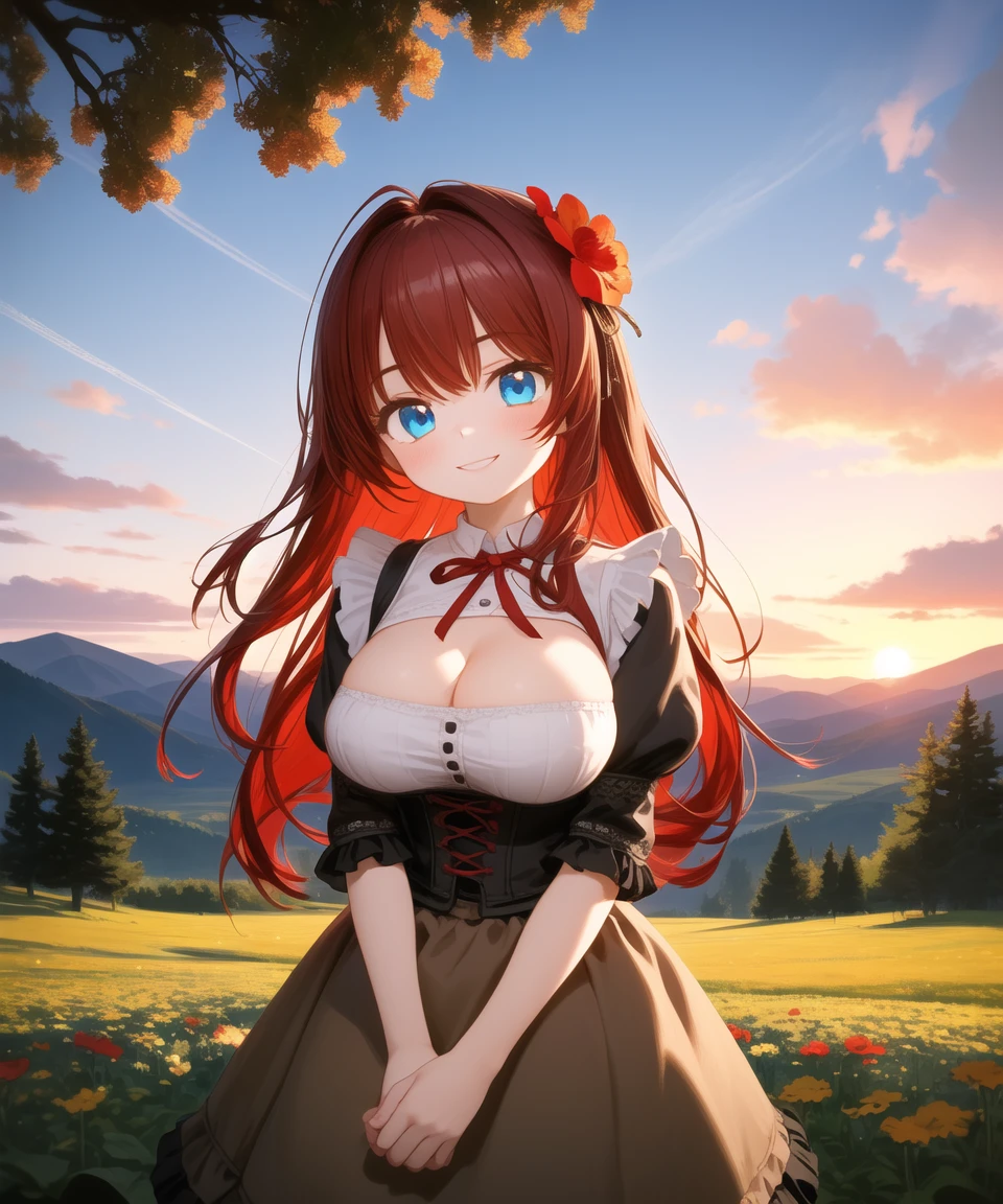 masterpiece, best quality, 1girl, long hair, red hair, blue eyes, smile, large breasts, dirndl, bodice, brown dress, brown skirt, frilled dress, v arms, hair flower, mountains, cloud, sky, sunset, tree, flower