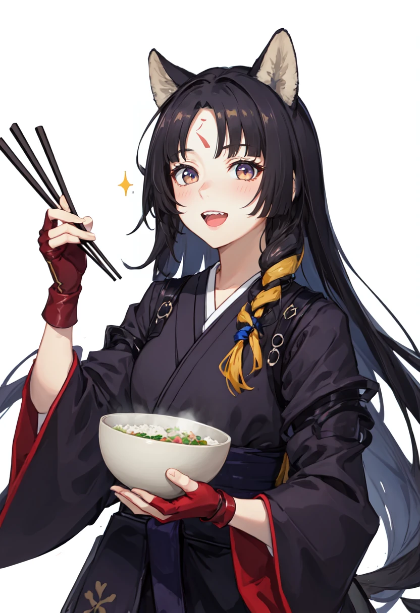 best quality, masterpiece, highres, solo, (saga_arknights:1.10), 1girl, forehead mark, black kimono, holding bowl, simple background, upper body, white background, fingerless gloves, open mouth, looking at viewer, long sleeves, holding chopsticks, blush, purple gloves, :d, rice bowl, sparkle, wide sleeves, food on face, teeth, 8 <lora:saga_arknights:0.80>