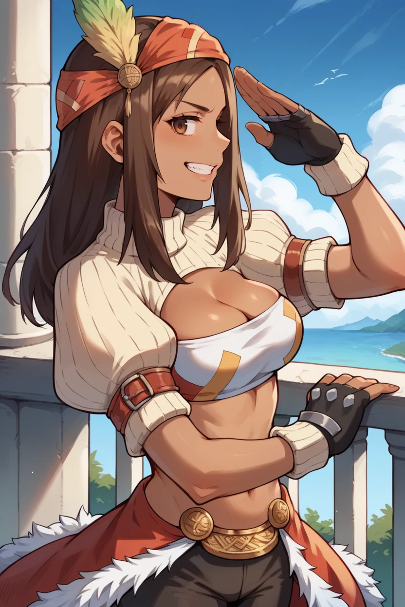 score_9, score_8_up, score_7_up, score_6_up, source_anime, 1girl, solo BREAK  <lora:ff9lani-pdxl-nvwls-v1-000005:1> ff9lani, brown hair, dark skin, bandana, feather hair ornament, turtleneck, cleavage, puffy sleeves, bandeau, red overskirt, fur trim, short shorts, fingerless gloves, profile, from side, looking at you, salute, blue sky, balcony, castle, medieval, grin