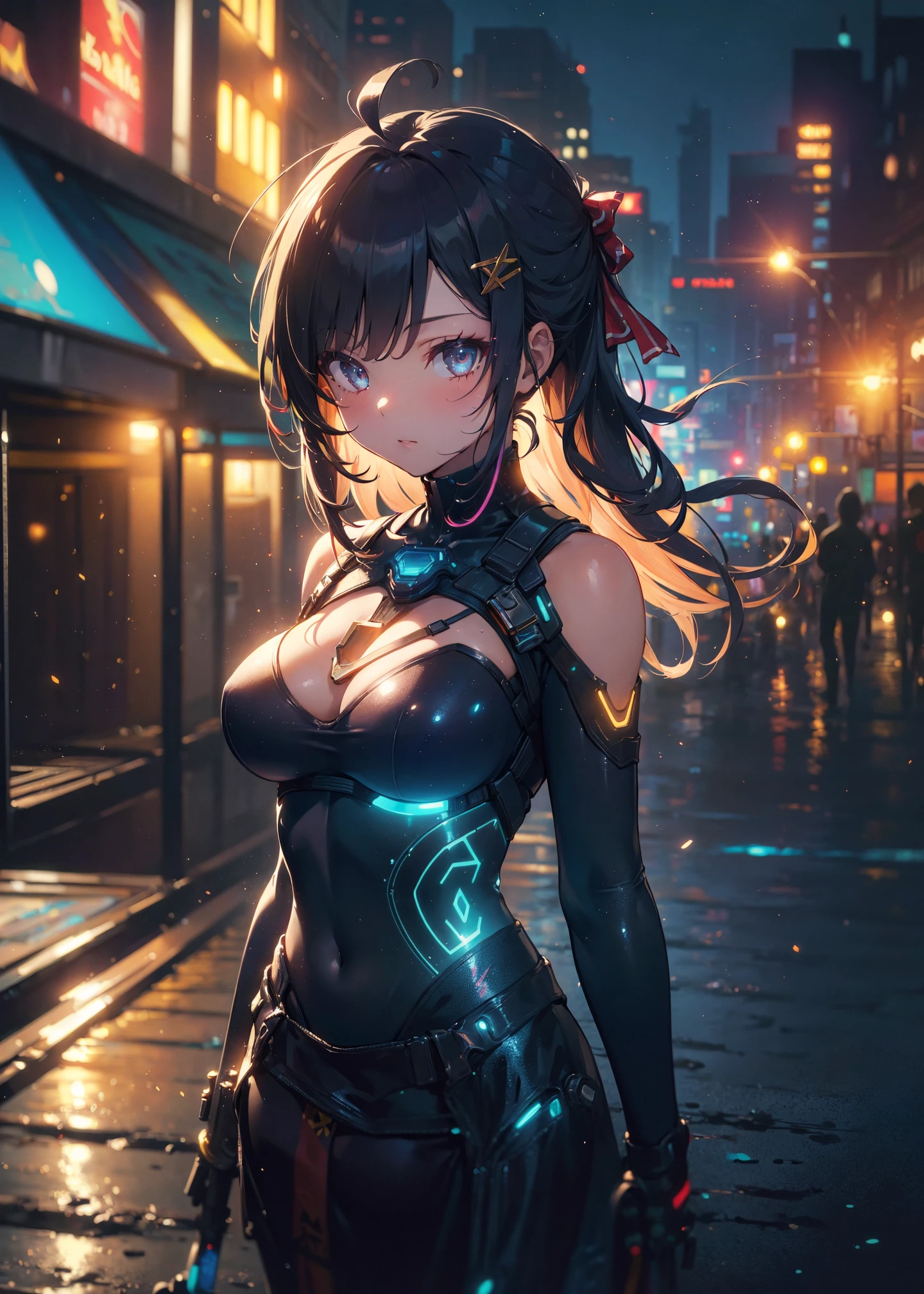 (masterpiece:1.5),(best quality:1.5),(ultra-detailed:1.5),illustration,(1girl:1.5),(solo:1.5), cyberpunk 2077,cityscape,concept art,nightcity,anime,lora,cowboy shot,perfect face,lustrous skin,long hair,beautiful detailed eyes,beautiful flowing hair,(holographic),(holographic clothing:1.2),(bloom),lighting, ray tracing,outdoors,neon lights, light particles,absurdism,hair ornament, hair ribbon,looking at viewer,ahoge,large breasts, (deep depth of field:1.5),
