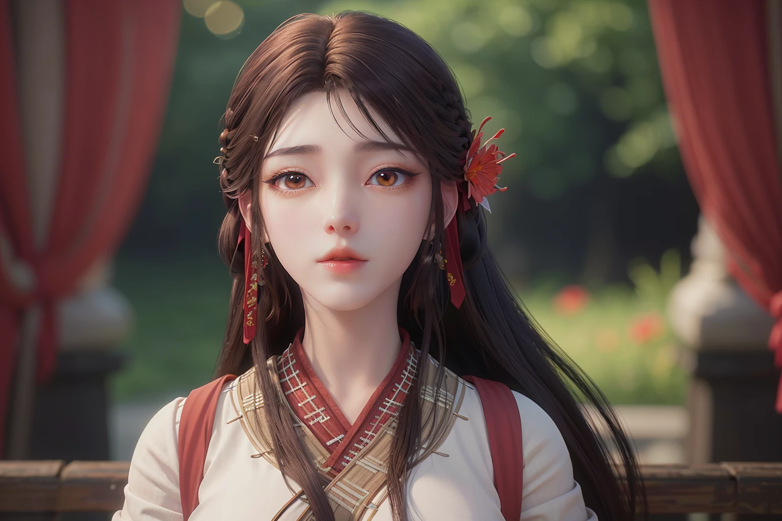<lora:Huo Ling'er-v3-000001:0.8>,
score_9,score_8_up,score_7_up,beautiful face,beautiful features,<lora:GoodHands-beta2:1>,
solo,masterpiece,highest quality,exquisite details,amazing art,realistic details,pretty face,real skin,8K,RAW,movie lighting,soft light,shallow depth of field,bokeh,dreamy,best quality,intricate detail,
Huo Ling'er,1girl,brown hair,brown eyes,long hair,linen clothes,flower,earrings,jewelry,hair flower,breasts,chinese clothes,wide sleeves,bare arms,braid,red lips,eyelashes,, anime artwork , anime style, key visual, vibrant, studio anime, highly detailed, best quality , masterpiece, illustration, an extremely delicate and beautiful, extremely detailed ,CG,unity,8k wallpaper, Amazing, finely detail, masterpiece, best quality,official art,extremely detailed CG unity 8k wallpaper,absurdres, incredibly absurdres, huge filesize , ultra-detailed, highres, extremely detailed,beautiful detailed girl, extremely detailed eyes and face, beautiful detailed eyes,light on face,