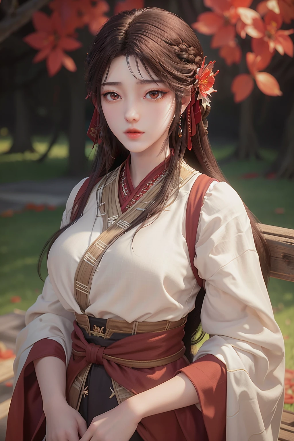<lora:Huo Ling'er-v3-000001:0.8>,
score_9,score_8_up,score_7_up,beautiful face,beautiful features,<lora:GoodHands-beta2:1>,
solo,masterpiece,highest quality,exquisite details,amazing art,realistic details,pretty face,real skin,8K,RAW,movie lighting,soft light,shallow depth of field,bokeh,dreamy,best quality,intricate detail,
Huo Ling'er,1girl,brown hair,brown eyes,long hair,linen clothes,flower,earrings,jewelry,hair flower,breasts,chinese clothes,wide sleeves,bare arms,braid,red lips,eyelashes,, anime artwork , anime style, key visual, vibrant, studio anime, highly detailed, best quality , masterpiece, illustration, an extremely delicate and beautiful, extremely detailed ,CG,unity,8k wallpaper, Amazing, finely detail, masterpiece, best quality,official art,extremely detailed CG unity 8k wallpaper,absurdres, incredibly absurdres, huge filesize , ultra-detailed, highres, extremely detailed,beautiful detailed girl, extremely detailed eyes and face, beautiful detailed eyes,light on face,