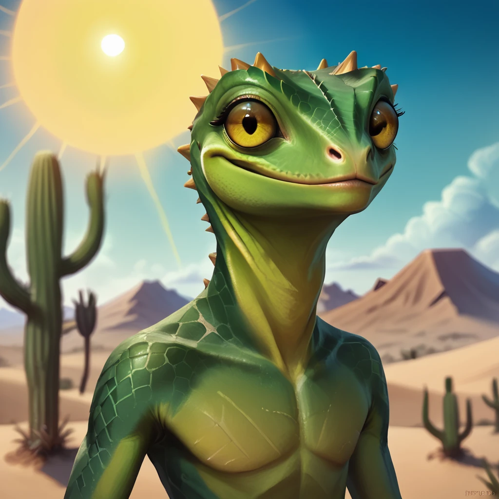 score_9, score_8_up, score_7_up,
stellaris,reptilian,score_9,solo,looking at viewer,smile,yellow eyes,upper body,outdoors,sky,day,blurry,no humans,mountain,realistic,sun,green skin,desert,cactus
 <lora:StellarisPony-000017:0.6>