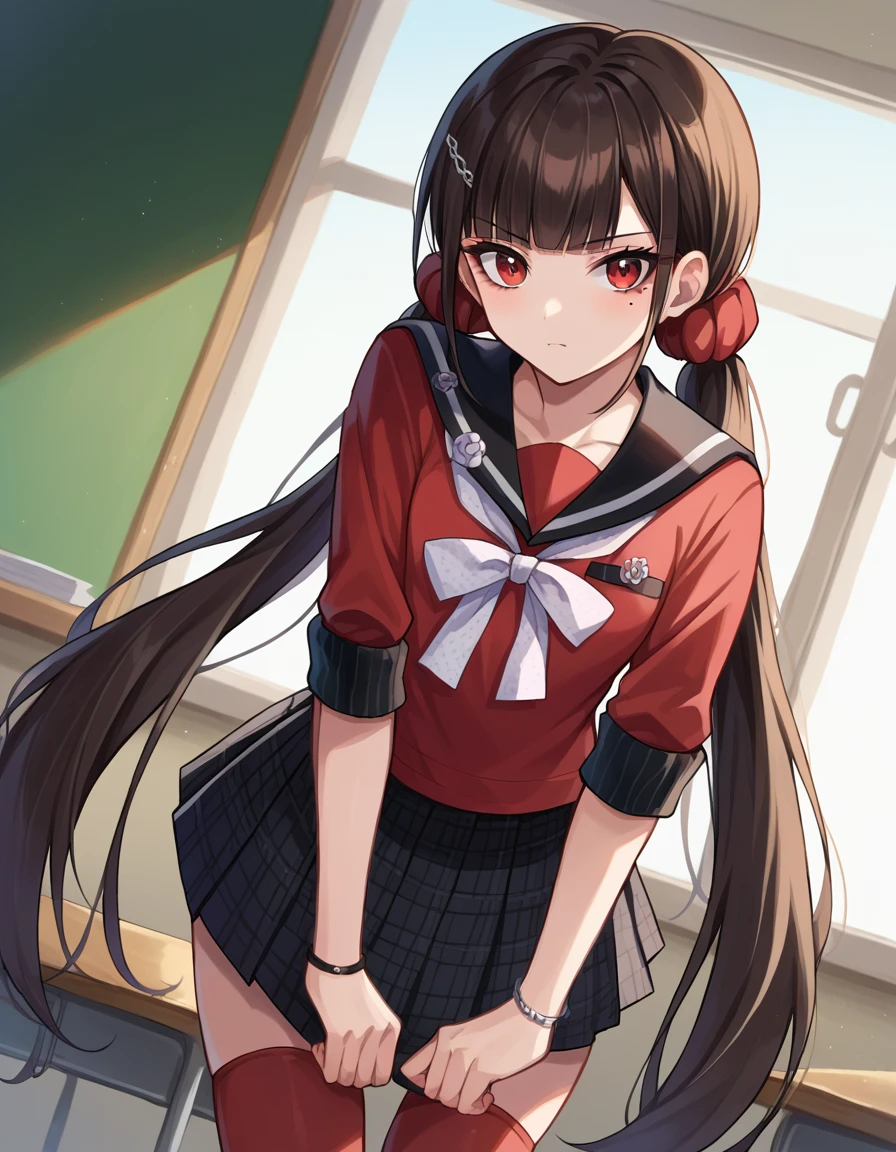 score_9, score_8_up, score_7_up, source_anime,
harukawamaki, <lora:maki-harukawa-ponyxl-lora-nochekaiser:1>
harukawa maki, long hair, bangs, brown hair, black hair, hair ornament, red eyes, twintails, very long hair, hairclip, blunt bangs, mole under eye, low twintails, scrunchie, hair scrunchie, red scrunchie,
skirt, shirt, thighhighs, long sleeves, bow, school uniform, pleated skirt, serafuku, miniskirt, black skirt, sailor collar, mole, bracelet, zettai ryouiki, plaid, plaid skirt, red shirt, black sailor collar, red thighhighs,
indoors, classroom, bent over,
looking at viewer, dutch angle, cowboy shot,