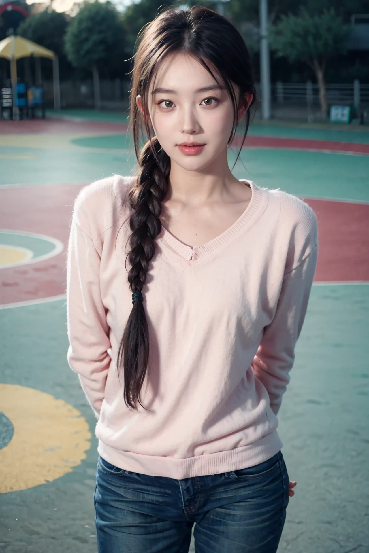 <lora:chensai_1.0:0.7>
chensai,1girl,( looking at viewer:1.3),braid, hair over shoulder,
pink sweater, denim,
(arms behind back:1.2),
blurry background, outdoors, cowboy shot, playground,
masterpiece,best quality,ultimate details,highres,8k,wallpaper,extremely clear,