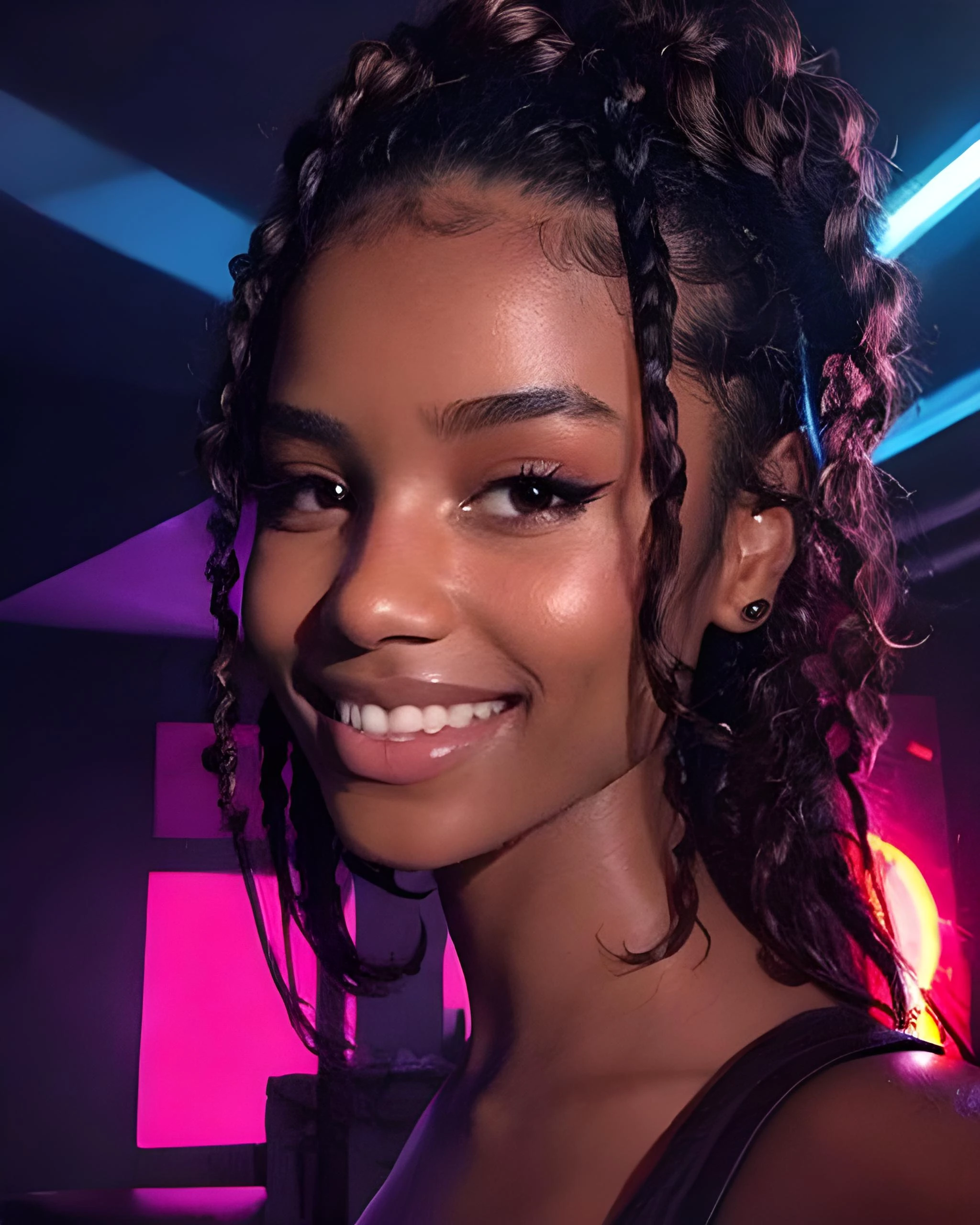 <lora:09281F3B25:0.75>  <lora:add_detail:0.4>  ty1a, tyla, a woman, in her 20s, smiling in a neon lit night club. Photorealistic ((portrait photo, with skin texture)), well lit face