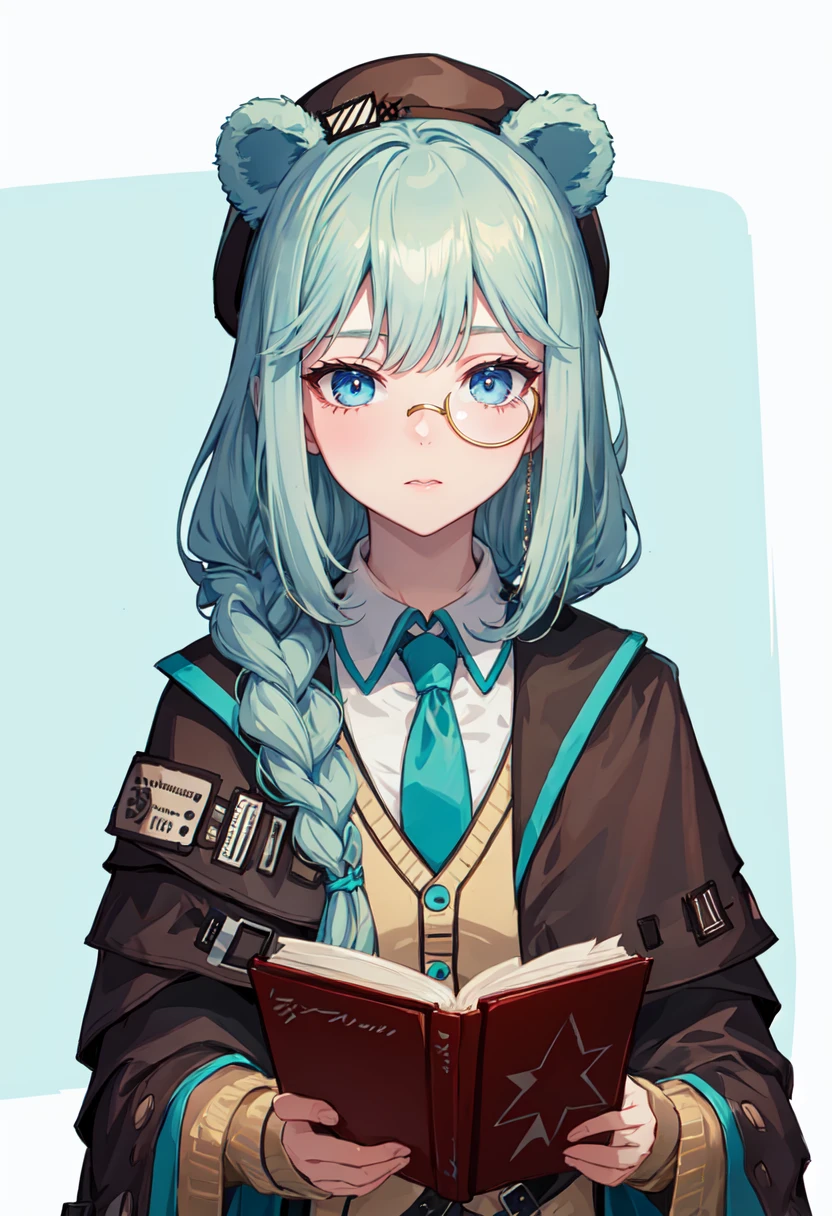 best quality, masterpiece, highres, solo, (istina_arknights:1.10), 1girl, monocle, white shirt, star (symbol), brown jacket, upper body, collared shirt, holding book, looking at viewer, blue necktie, simple background, closed mouth, long sleeves, white background, aqua necktie, open book, open clothes, 5 <lora:istina_arknights:0.80>