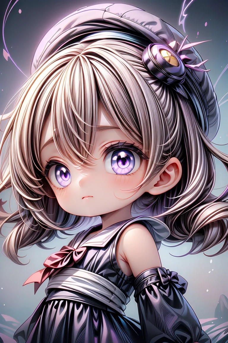 EarthKawaii,professional_artwork,best_quality,(black and purple theme,black_trim, abyss eyes:1.3),1girl,solo,(cute,kawaii,petite,elegant,evil,perfect_face,beautiful:1.2),purple_hair,long_hair,hair_ornament,hair_intakes,purple_eyes,closed_mouth,sailor_dress,serafuku,sailor_hat,shoulder_sash,star \(symbol\),((Detailed)), ((Masterpiece)), ((Impressive)), ((Magic Circle)), ((Elegant)), ((Mind-blowing)), ((Phenomenal)), anime, Shojo, Drama, digital artwork, Digital masterpiece, Digital masterpiece, Digital illustration, neon light, Neon illumination, Electrifying light, Vibrant glow, 35mm, Panoramic view,Illustration,Cover,enigmatic figure,crystals adorning hair,dreamlike swirl,pastel hues,soft light,evoking calm serenity and elusive beauty,Non-representational,colors and shapes,expression of feelings,imaginative,highly detailed,shoulder_sash,black_trim,grey_eyes,fingerless_gloves,headwear,(close-up:0.9),looking_at_viewer