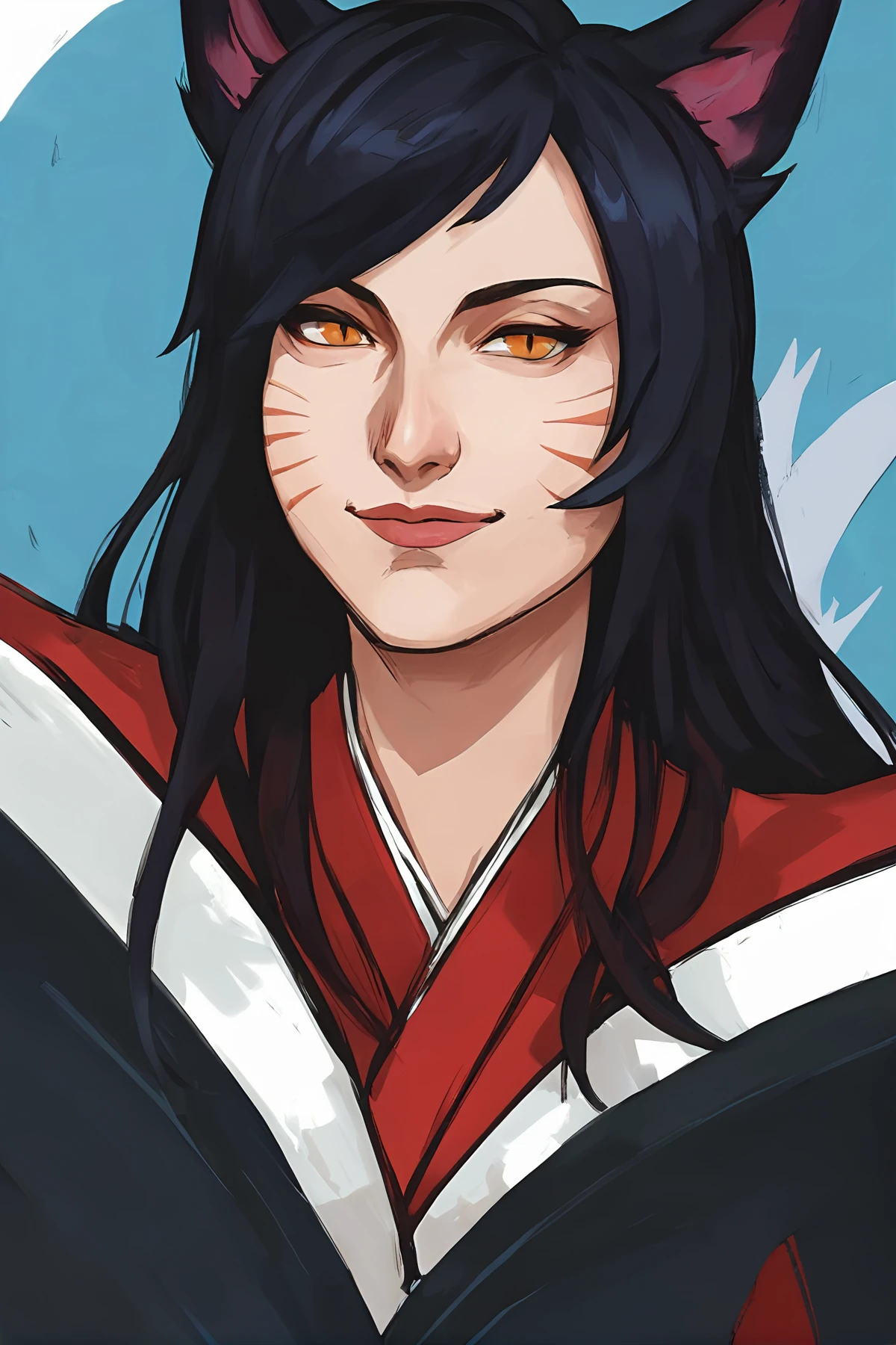 score_9,
<lora:disco_elysium_v1_autism_pruned:1>, de_portrait, oil painting,
ahri \(league of legends\), light smile, black hair, fox ears, red kimono, blue background, white background, 1girl,
high resolution, Masterpiece