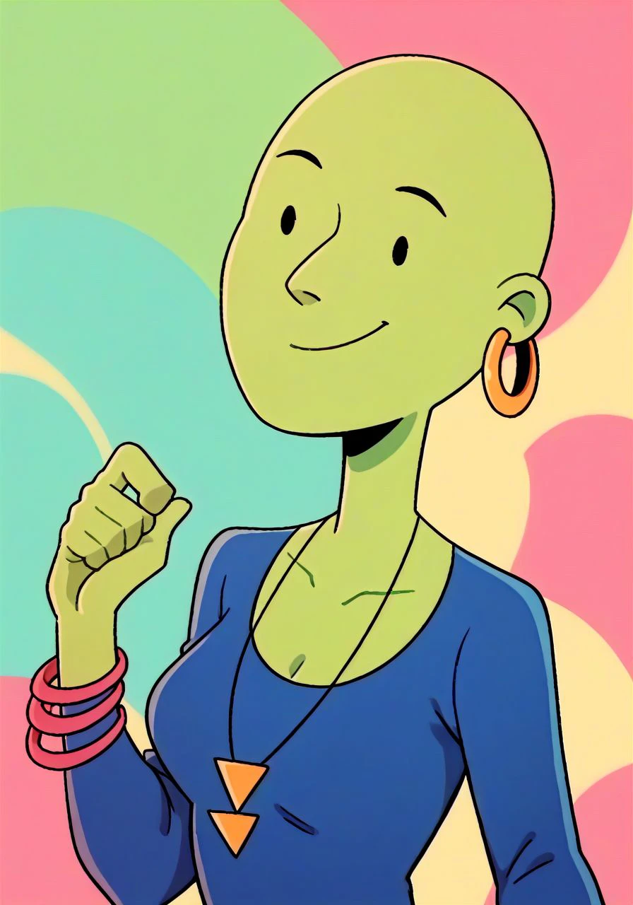 score_9,score_8_up,score_7_up,score_6_up, stark shadows, BREAK
 slim female, green skin, bald, dot eyes
 gold earring on left ear, multiple necklaces, pink bracelets, long-sleeve blue dress
seated pose, (upper body:1.1), warm light smile, closed mouth, looking at viewer
(portrait studio, colorful abstract background, textured portrait backdrop:1.1)
 <lora:wendy8337TV_PDXL:1>