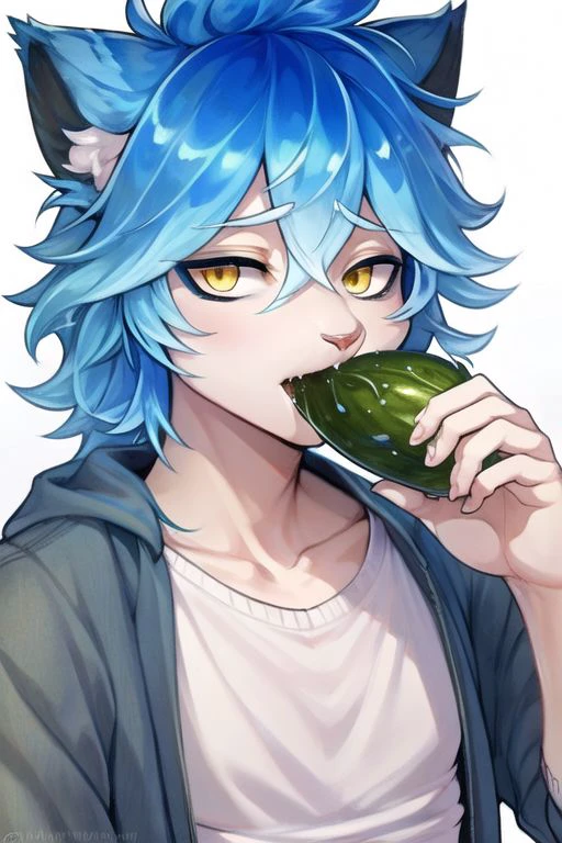 twst_idia, catboy, cat eyes, yellow eyes, blue hair, cat eats cucumber, cucumbers on the background