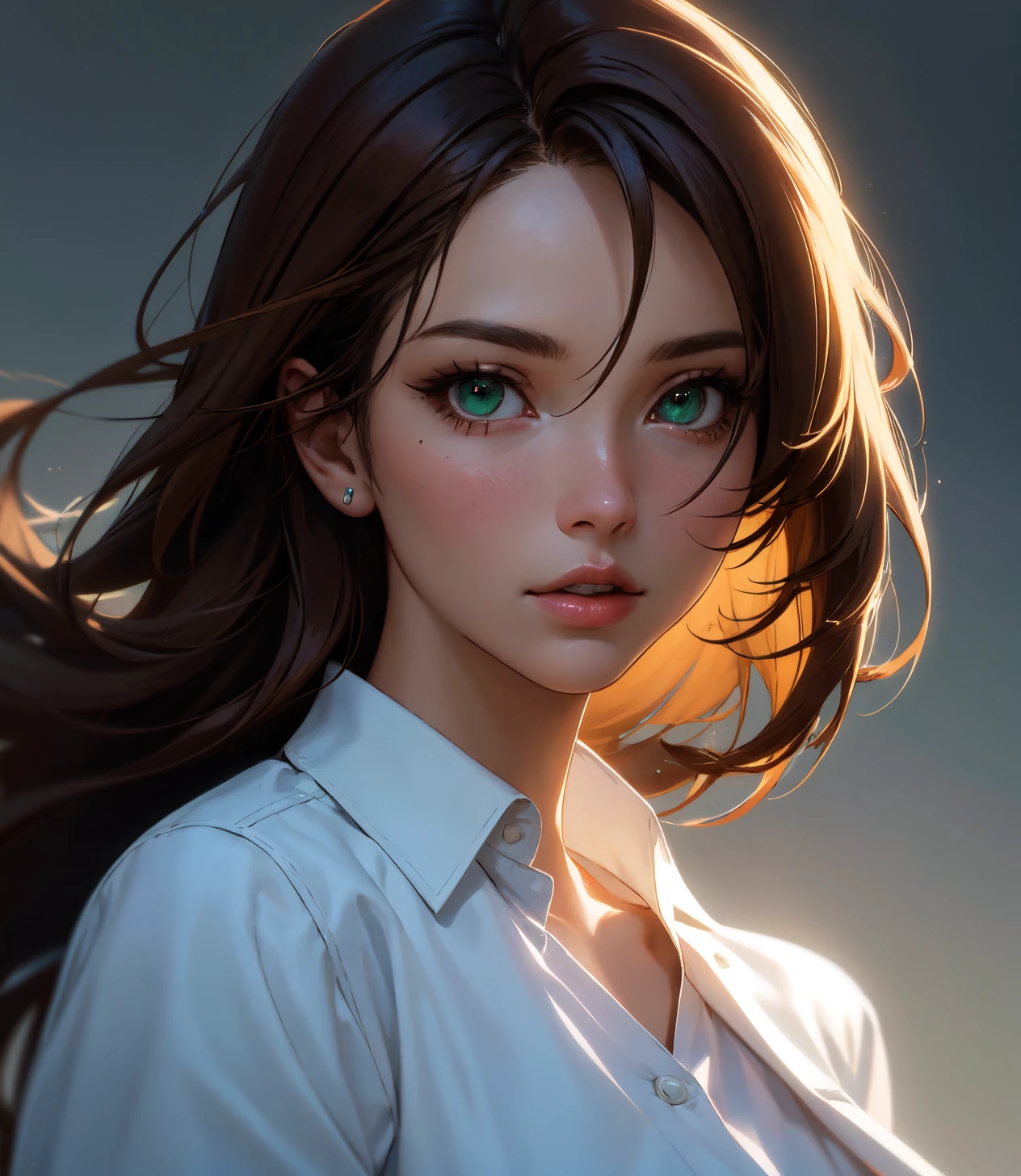 1girl, light brown hair, long hair, green eyes, shirt, white shirt, collarless shirt, trousers, black trousers, lips, grey background, (Masterpiece:1.2), dynamic angle, (detailed face:1.2), best quality, absurdres. (shiny:1.2), (tone mapped), (top quality, best quality, official art, beautiful and aesthetic:1.2), (cinematic lighting, soft light, best quality Backlights), clear line, outline, motion lines,