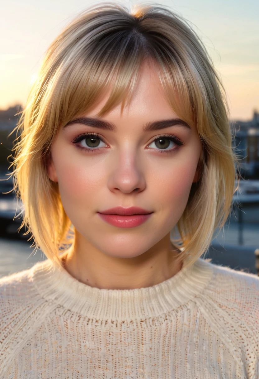 1girl, Close-up, (beautiful girl, make up), (Age 25), (happy, light blonde hair, lips, parted bangs, London, England, dusk:1.2), , HD, lens flare, cable knit sweater, pleated skirt, and loafers, looking at viewer, (RAW Photo, cg unity, photography, ultra realistic details, sharp focus, detailed skin,4k, high-res, masterpiece, best quality:1.1), (realistic, photo-realistic:1.37) (8k,4k, UHD, high resolution, professional, cinematic, movie, dramatic, noise), (detailed background:1.25), bokeh anamorphic depth of field blur background