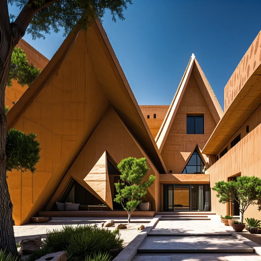 exterior, angular architecture, adobe architecture, (triangluar holes:1.3), dynamic angles, geometric facade, triangular motifs, sandy texture, <lora:AIDVN_TriangularAbode_v1:0.8>