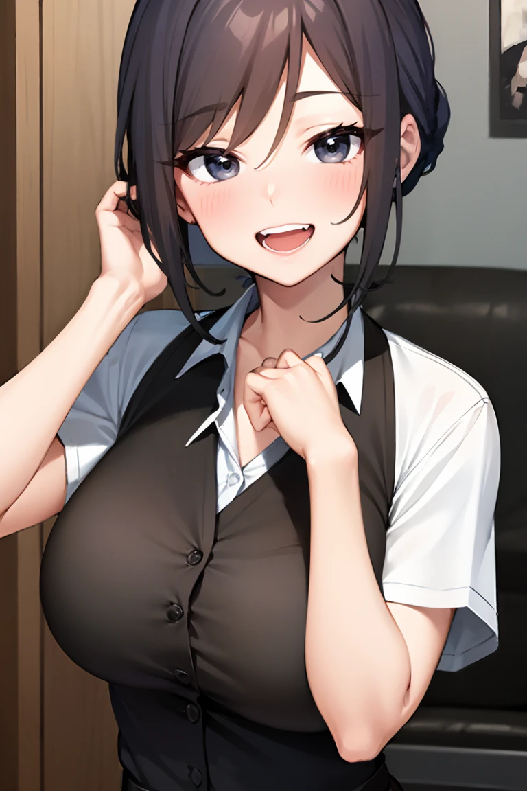 (masterpiece, best quality), 1girl, solo, looking at viewer,
<lora:Yuuna-OL:0.8>, black hair, single hair bun, swept bangs, black eyes, large breasts, sidelocks,
Stormy,
adjusting hair, hand up,
black vest, short sleeves, white shirt, collared shirt, sidelocks, office lady, black eyes, swept bangs,
close-up, portrait,
smile, open mouth, teeth, happy,