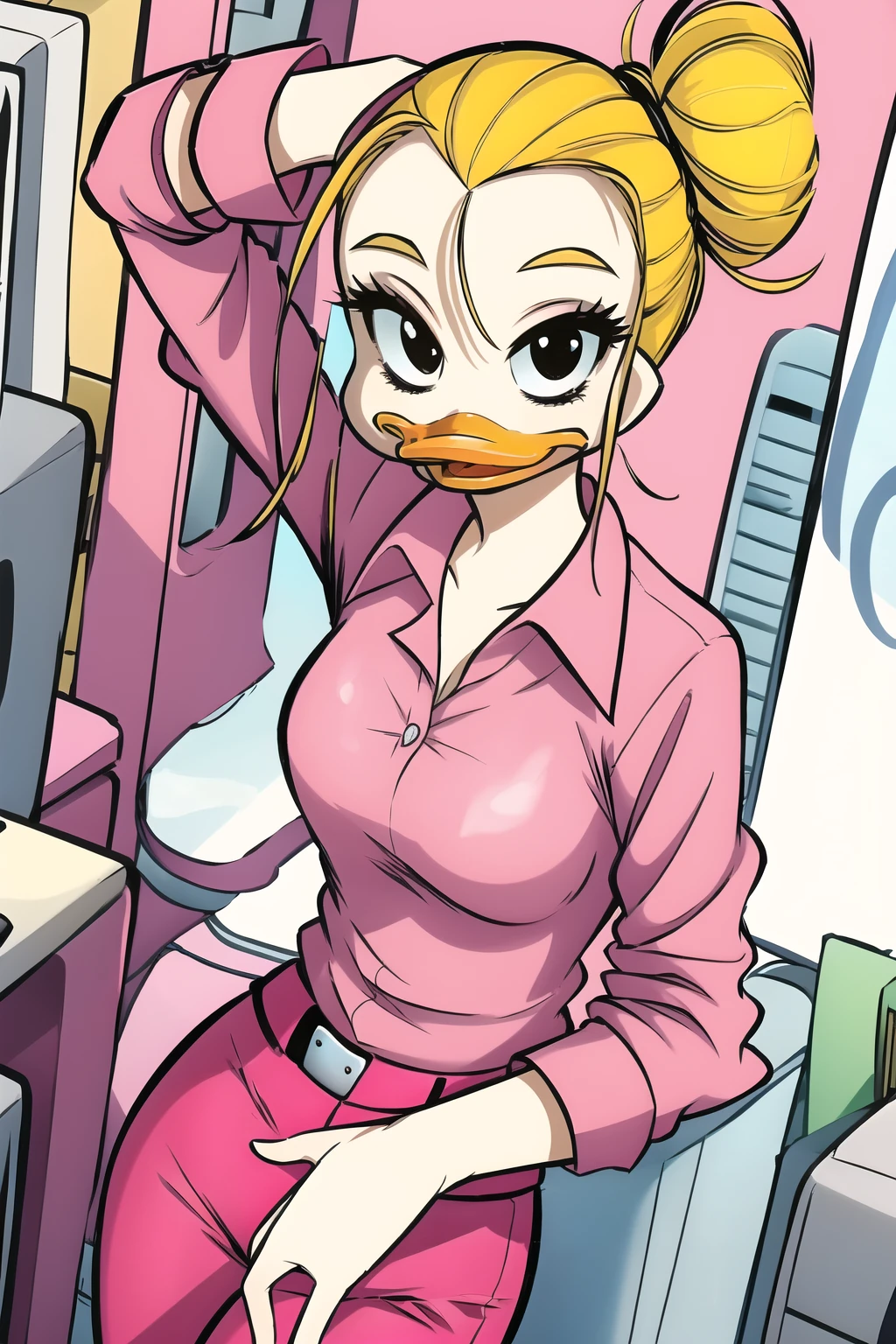 best quality, 1girl, solo, lyla lay, beak, blonde hair, single hair bun, black eyes, pink shirt, pink pants, looking at viewer, smile, office