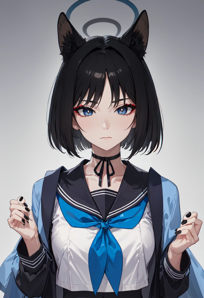 best quality, masterpiece, highres, solo, (kikyou_bluearchive:1.10), 1girl, black nails, black sailor collar, blue neckerchief, haori, long sleeves, looking at viewer, nail polish, serafuku, upper body, choker, closed mouth, fingernails, makeup, 6 <lora:kikyou_bluearchive:0.80>