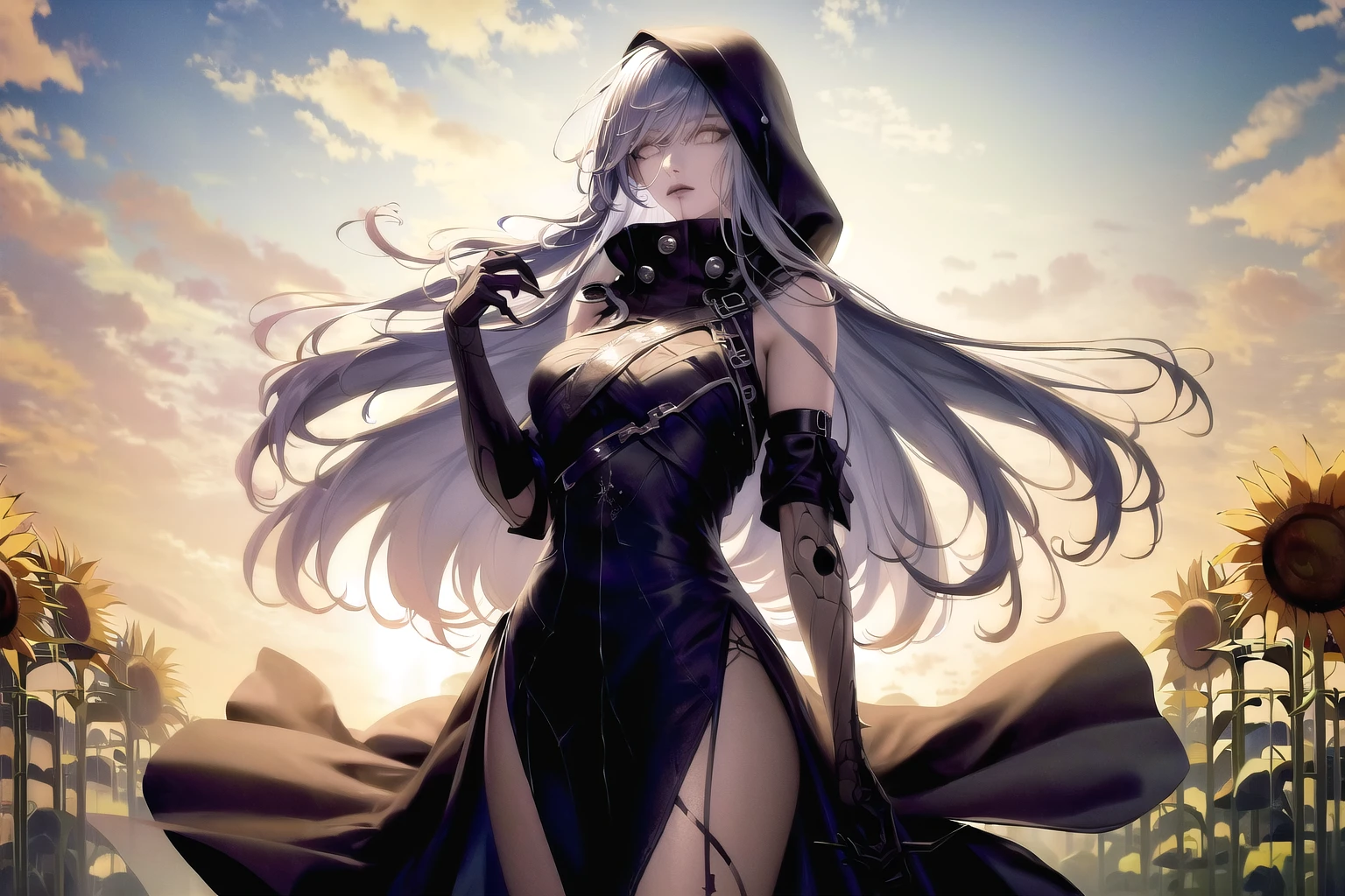 robot joints, sleeveless dress, hooded cloak,
(form front),
lady,mature female, cowboy shot,
(1girl in the sunflower plantation:1.28),(The wind blows the sunflower wave:1.28),(Dancing sunflower:1.18),(sunflower:1.2),beautiful detailed sky,(sunlight, sunrise,backlighting:1.18),
highres,official art,original,masterpiece,best quality,
(large breasts),
<lora:nox:1>