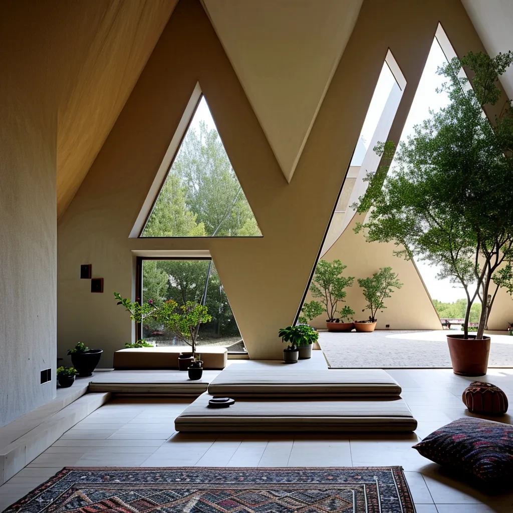 interior, angular architecture, adobe architecture, triangluar-perforated wall, dynamic angles, geometric facade, triangular motifs, sandy texture, <lora:AIDVN_TriangularAbode_v1:1>