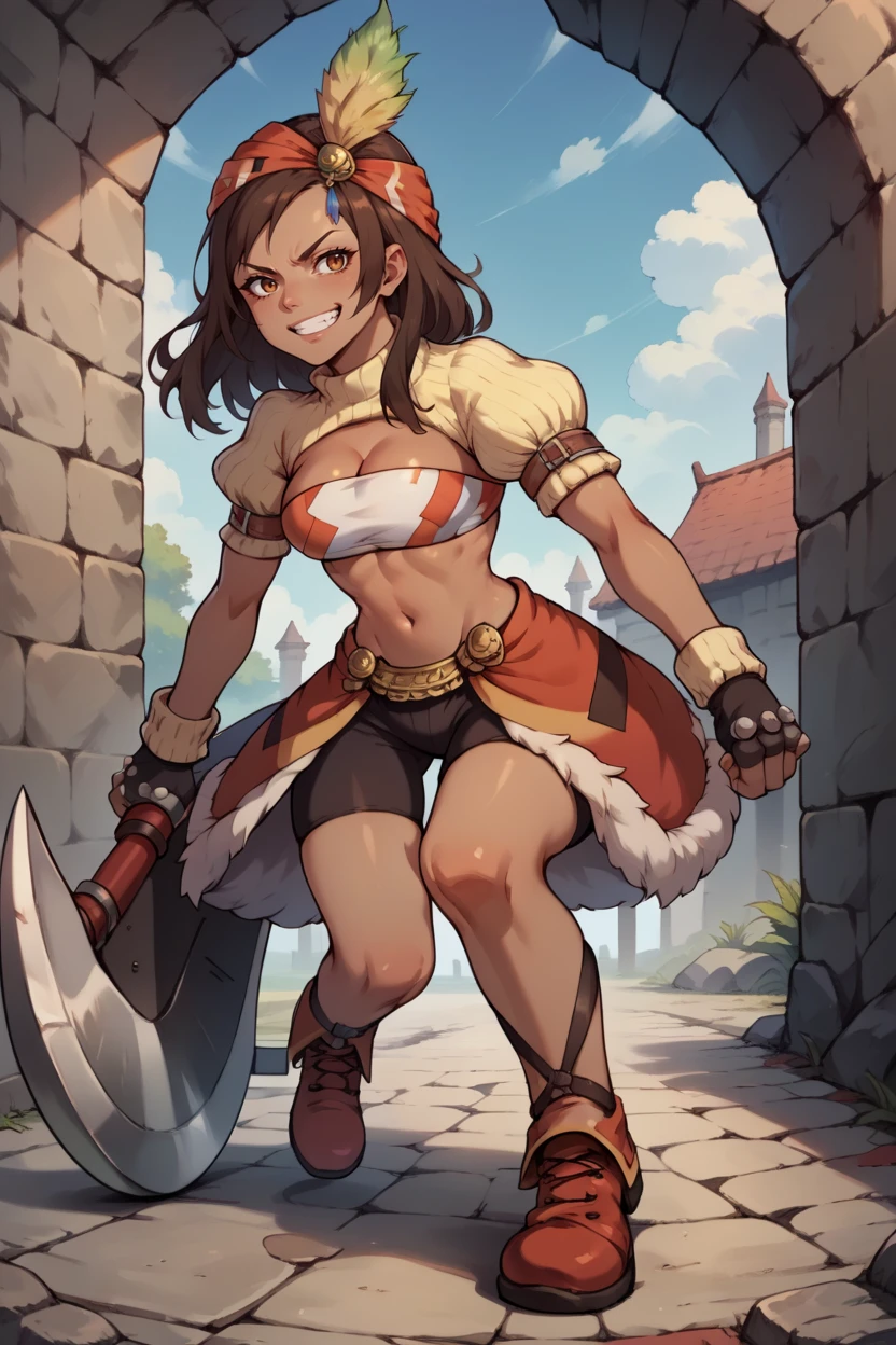 score_9, score_8_up, score_7_up, score_6_up, source_anime, 1girl, solo BREAK  <lora:ff9lani-pdxl-nvwls-v1-000005:1> ff9lani, brown hair, dark skin, bandana, feather hair ornament, turtleneck, cleavage, puffy sleeves, bandeau, red overskirt, fur trim, short shorts, fingerless gloves, boots, running, motion blur, smirk, dungeon, stone floors, fantasy, wide shot, profile, holding axe, huge axe