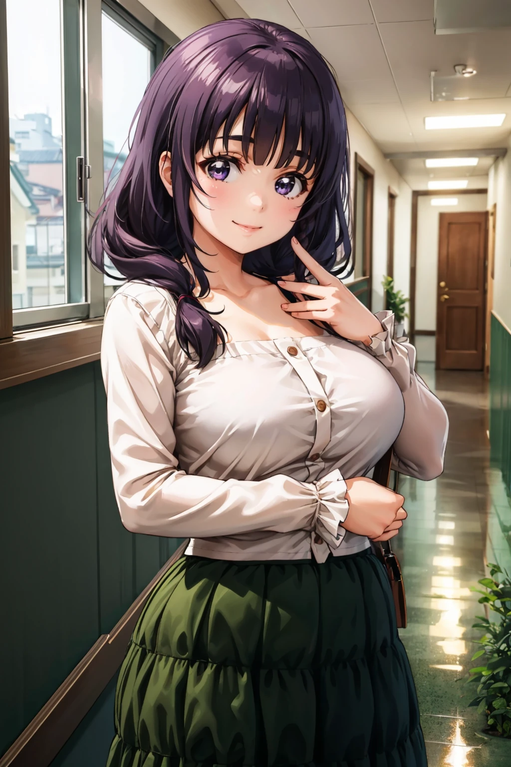masterpiece, best quality, 1girl, <lora:matsukazemayu-nvwls-v1-000009:0.9> matsukaze mayu, purple eyes, blouse, long sleeves, green skirt, long skirt, looking at viewer, hallway, upper body, large breasts, smile
