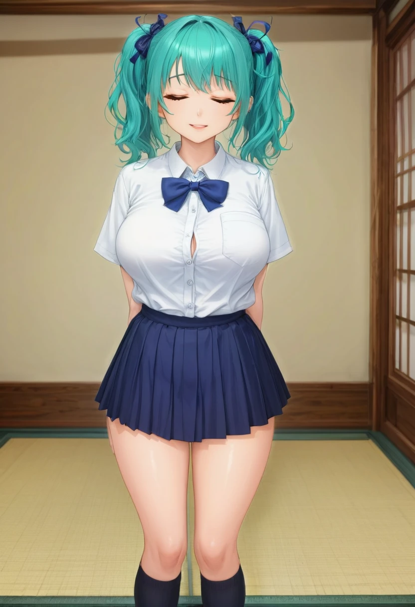 score_9, score_8_up, score_7_up, score_6_up, score_5_up, score_4_up, rating_explicit, 1girl, solo, large breasts, Green hair, twin tail, happy,seductive smile, parted lips, incoming kiss, closed eyes, arms behind back, Blue colored hair ribbon, blue pleated skirt,white school uniform,one button clised,blue bowtie, black kneesocks spoken heart, standing, in vintage ryokan,tatami, four fingers, masterpiece,best quality, (anime screencap:0.8),8k,absurdres,