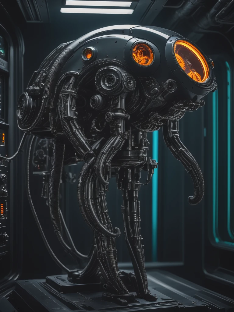 photo focus on close-up, editorial photograph of a from side, standing(1 cyborg:1.1), charging station technoir style screens, glowing, mechanical parts, screen, black theme, darksilver brown bronze translucent smoky acrylic theme dieselpunk, background busy spaceship controlroom highly detailed face, background inside dark, moody, POV, by
<lora:Tech_Noir_SD:1> no humans, film, professional, 4k, highly detailed , at-a-distance . mix-of-random-species-on-1body + mix-of-random-shrimp-octopuss-jellyfisj-alien-hybrid-species-on-1body