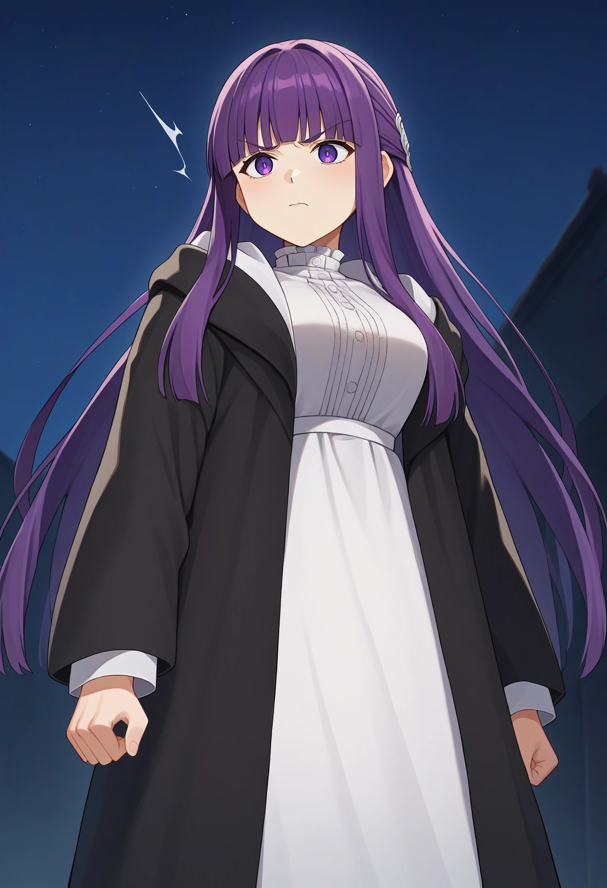 score_9, score_8_up, score_7_up, source_anime, 1girl, fern \(sousou no frieren\), purple hair, long hair, blunt bangs, half updo, open robe, long dress, determined, indian style, night sky <lora:brj-fern-pony-v0.5:1>