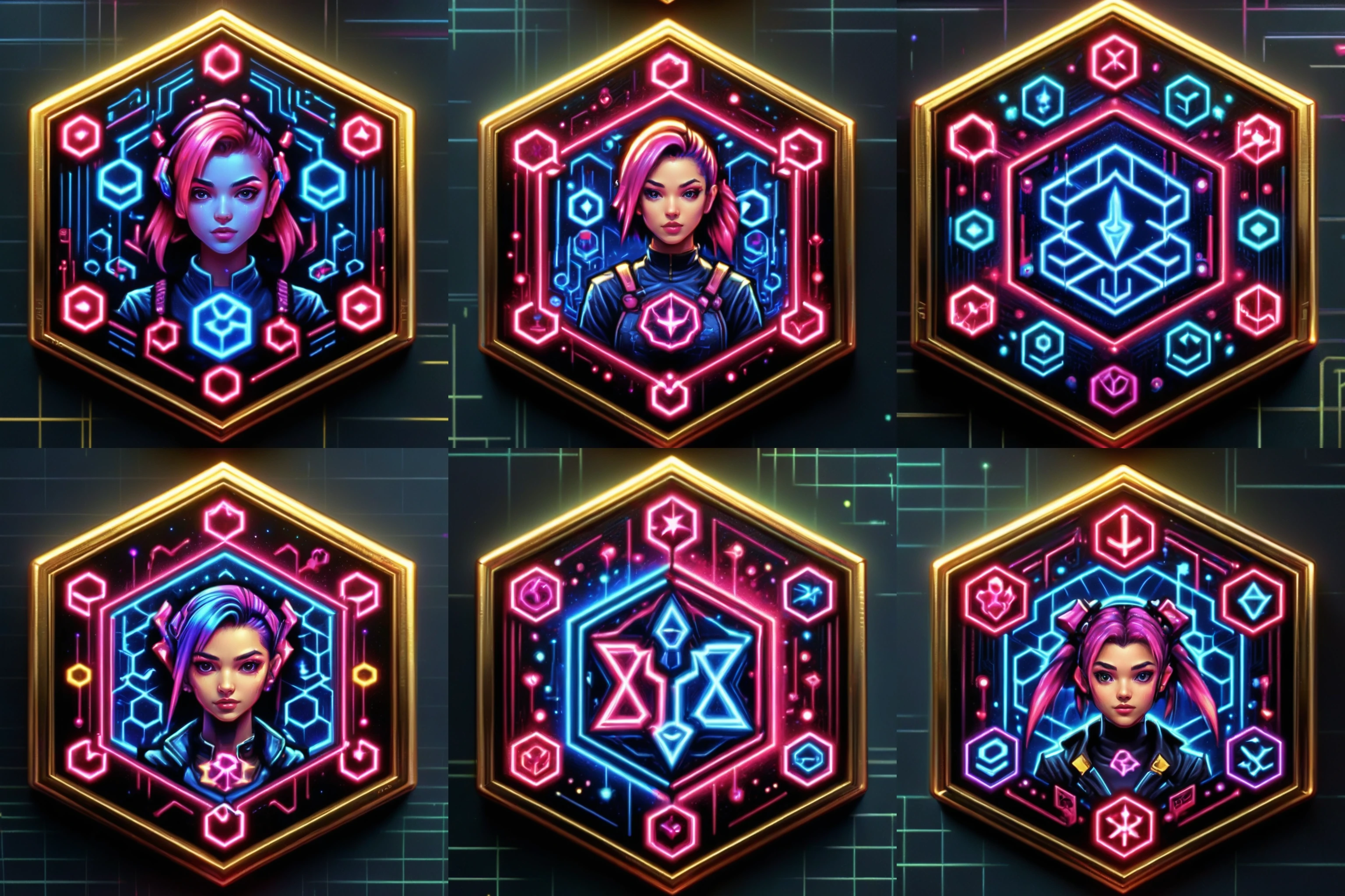 Badgetype,solo badge,no humans,still life,cyberpunk theme,golden frame,hexagonal shaped badge,1girl,star (symbol),pokemon (creature),no humans,
<lora:BadgeXL:0.8>