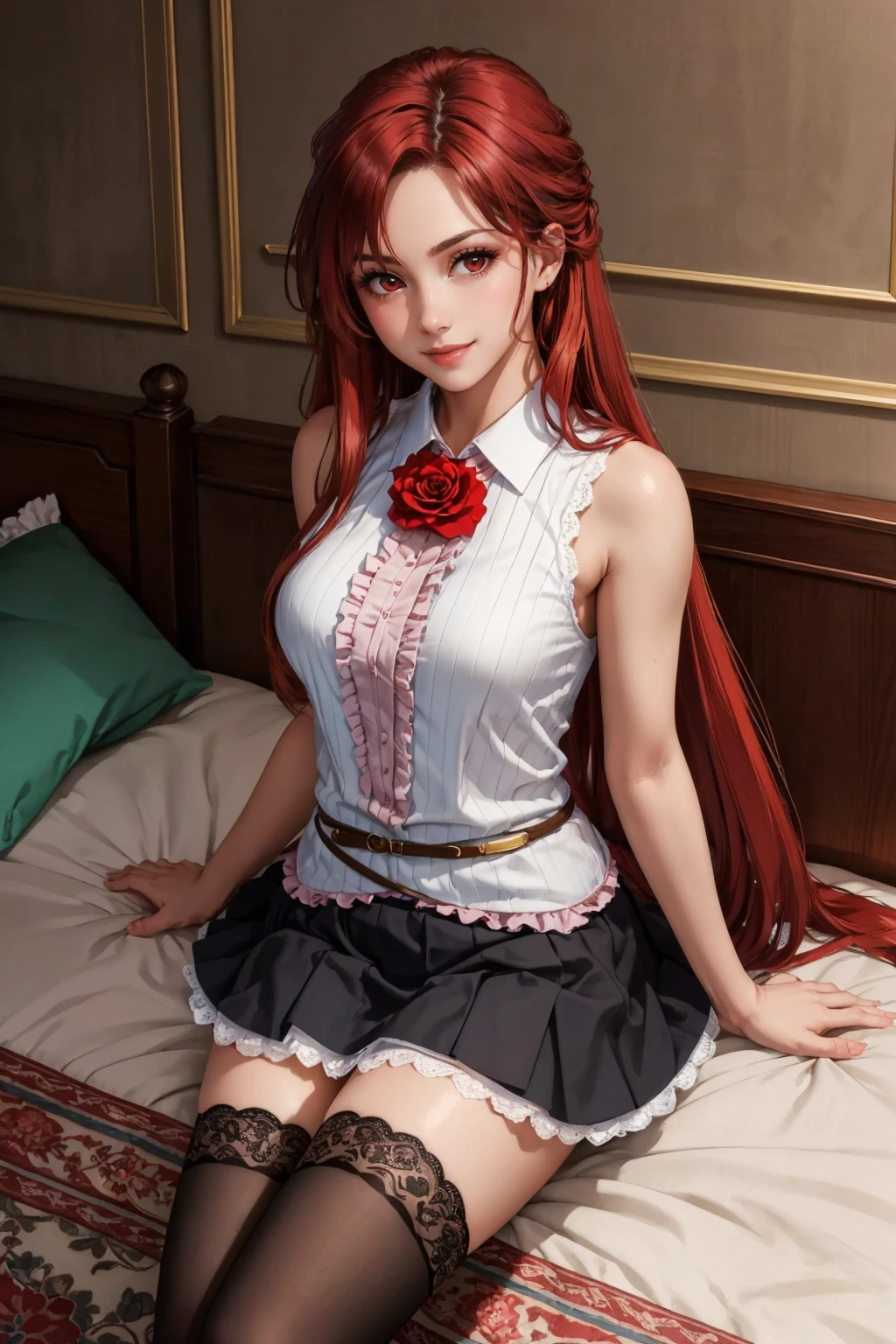 masterpiece, best quality, 1girl, <lora:lisara-nvwls-v1-000009:0.8> lisara restall, sleeveless shirt, frills, rose, belt, black miniskirt, black thighhighs, lace trim, cowboy shot, looking at viewer, smile, sitting, on ground, looking at viewer, bedroom, mansion, from above