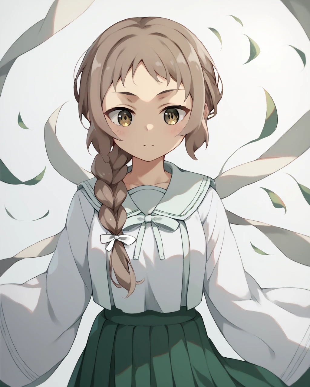 score_9, score_8_up, score_7_up,
<lora:Masuzu_Aki_PONY:1>,masuzu aki, 1girl, solo, long hair, brown hair, single braid, brown eyes, hair over shoulder, ribbon, long sleeves,green skirt, school uniform,serafuku,japanese clothes,black socks,white shirt,face, upper body,