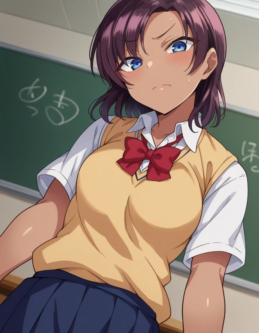 score_9, score_8_up, score_7_up, source_anime, 1girl,
saehinata, sae hinata, blue eyes, purple hair, dark skin, dark-skinned female,
shirt, bow, , white shirt, collared shirt, bowtie, red bow, sweater vest, brown sweater, skirt, blue skirt,
indoors, classroom,
looking at viewer, dutch angle, cowboy shot, big ass, thick thighs, ass showing, thong, full body, big butt, perfect anatomy, perfect body,