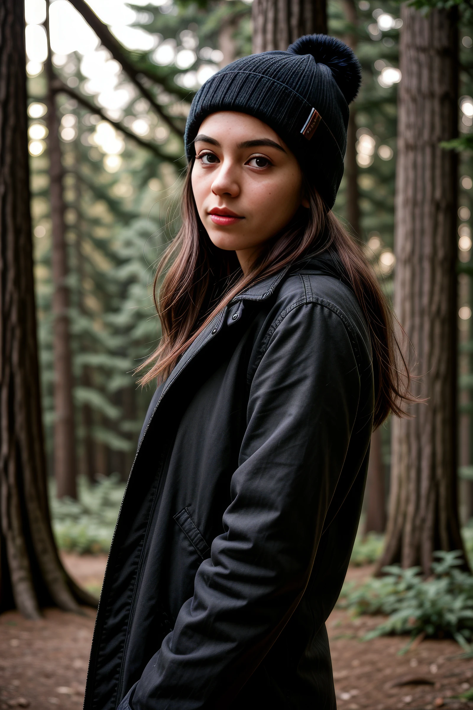 photograph of a woman, (sympathetic facial expression), textured skin, goosebumps, jet black half-up half-down hair, faux fur-lined parka with skinny jeans and beanie, group profile, towering ancient redwood trees creating a sense of wonder and awe, perfect eyes, ((hard lighting:1.4)), Velvia 100 color, shot on Cinestill 800T, bokeh, sharp focus on subject, shot by Manuela Marques
<lora:CyberDetails_V1:0.4>