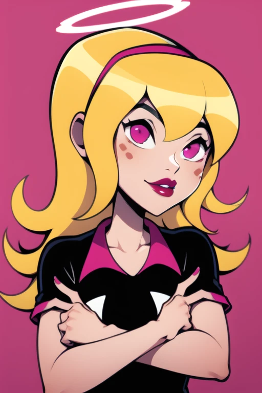 yellow hair, black dress, freckles, lipstick, big , purple eyes, Lucy Mann, big ass, seductive pose, solo