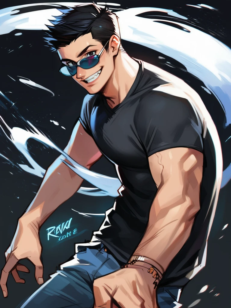 score_9, score_8_up, score_7_up, score_6_up, rockstar boy, black jacket, cool, from side, leaning forward, epic pose, muscular, evil smile, looking at viewer, simple black background, cowboy shot, dynamic pose, splash art, concept art, cowboy shot,black hair, sunglasses, shirt, pants,
RinotunaYei, <lora:RinotunaPony_Style-10V5:0.8>