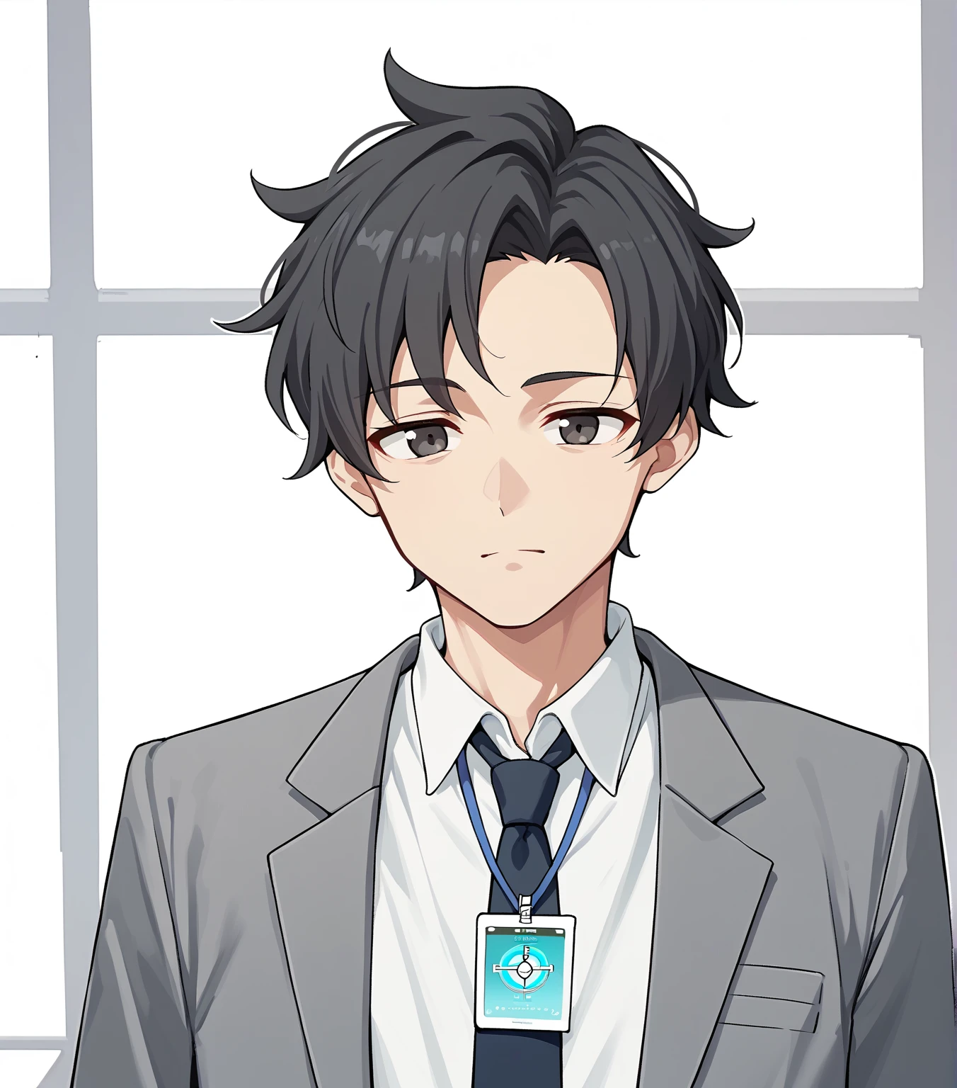 score_9, score_8_up, score_7_up, score_6_up, score_5_up, score_4_up, BREAK, cowboy shot, solo,
<lora:sensei-11:1>, senseianime, black hair, collared shirt, necktie, id card, grey suit