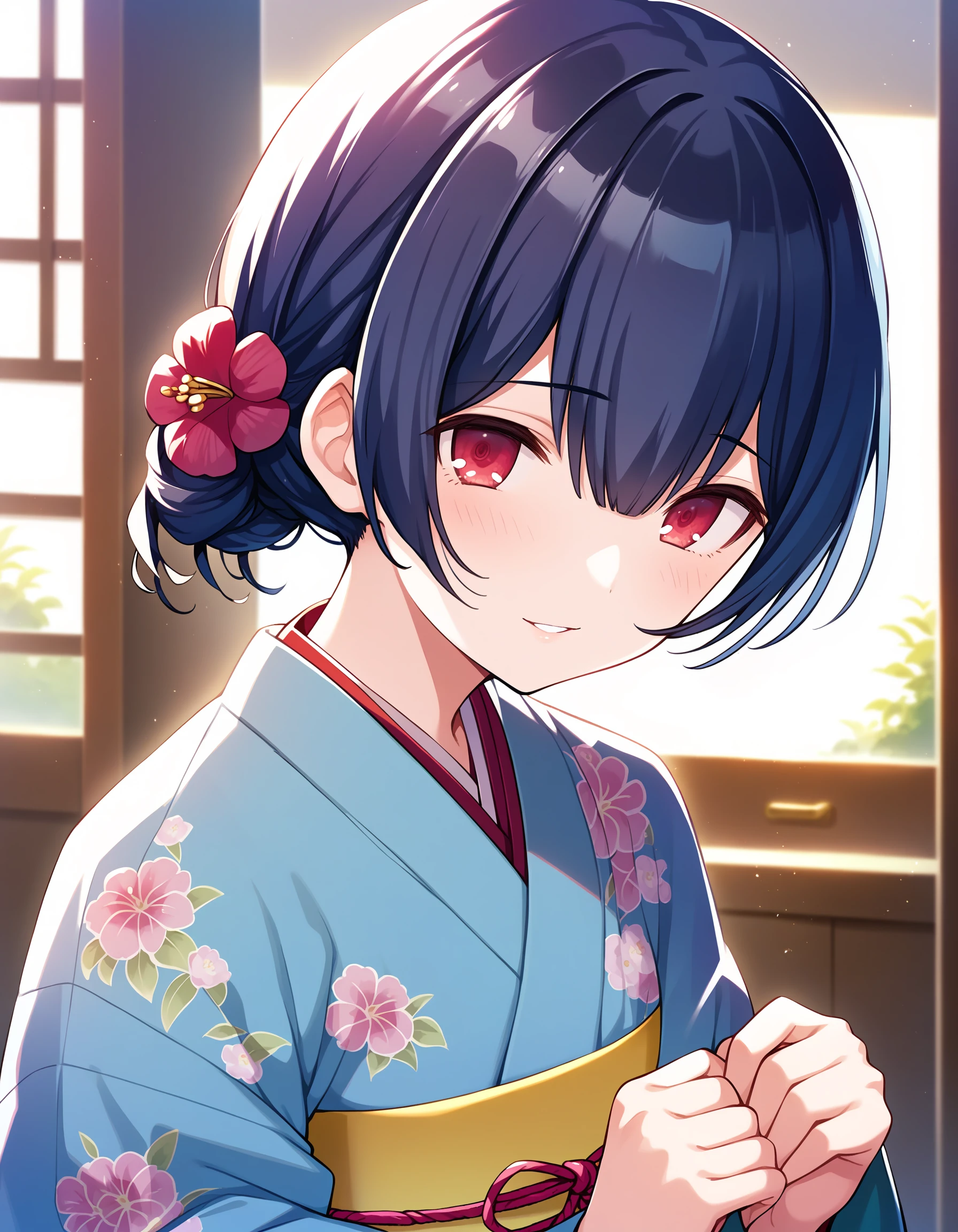 score_9, score_8_up, score_7_up, source_anime,
rating_sensitive, sexually suggestive, game cg,
pinup of 1girl, solo, shy, dating, smile, blush, parted lips, looking at viewer,
<lora:MorinoRinze_pony_v1:0.9>
mrnrnz, short hair, black hair, blue hair, single hair bun, bangs, hair between eyes, hair ornament, hair flower, red eyes, flat chest, small breasts,
japanese clothes, blue kimono, furisode, floral print, obi,
detailed eye, eye reflection,